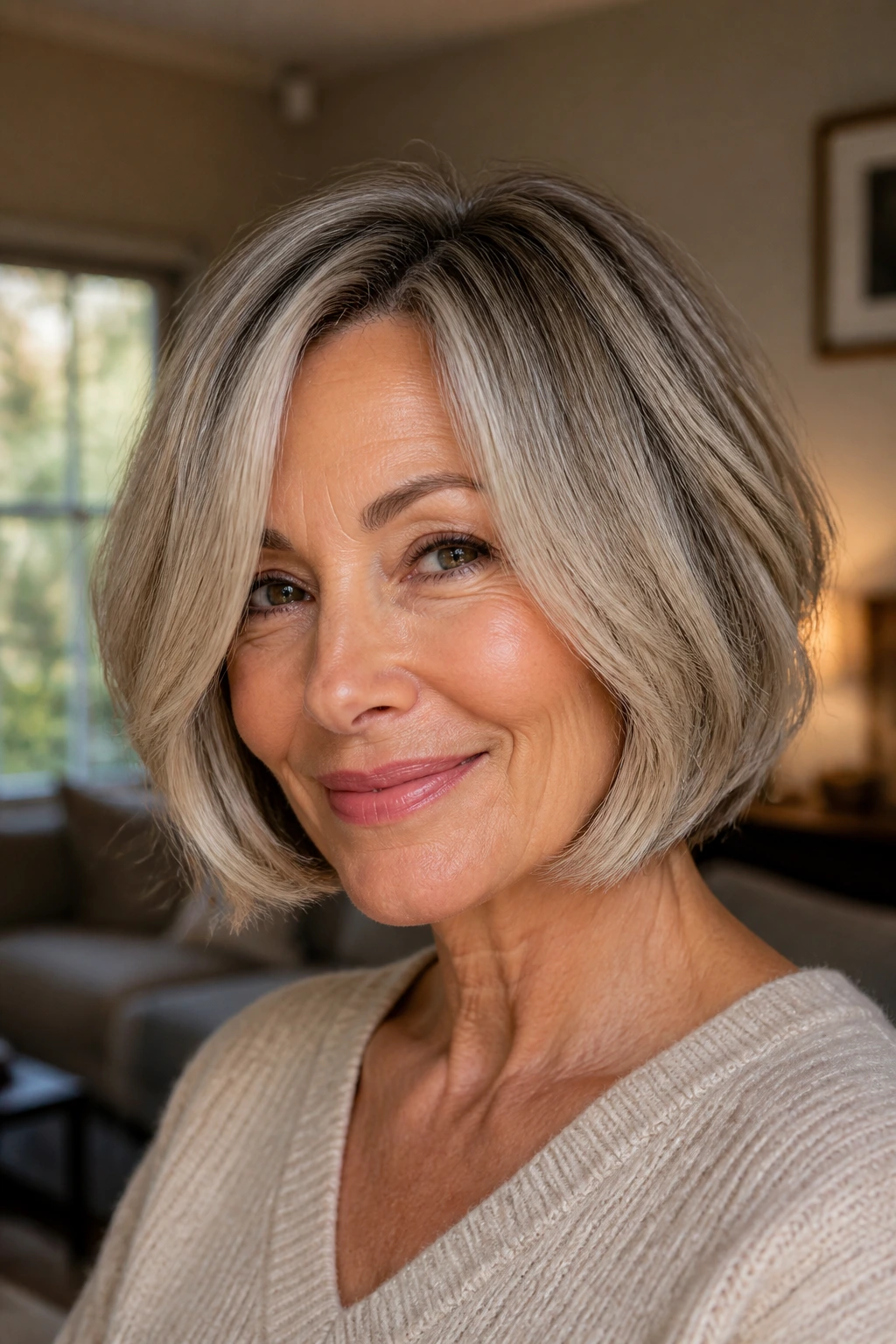 Close-up portrait of a real woman with a chin-length bob and face-framing pieces