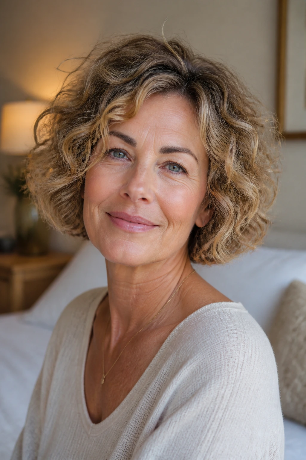 Close-up portrait of a real woman with chin-length root-lift bob in warm natural bedroom light.