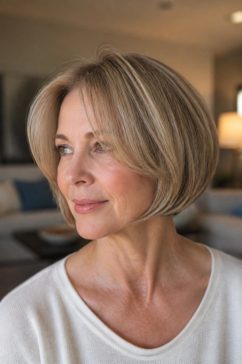 Chin-length bob with rounded soft layers on a real person