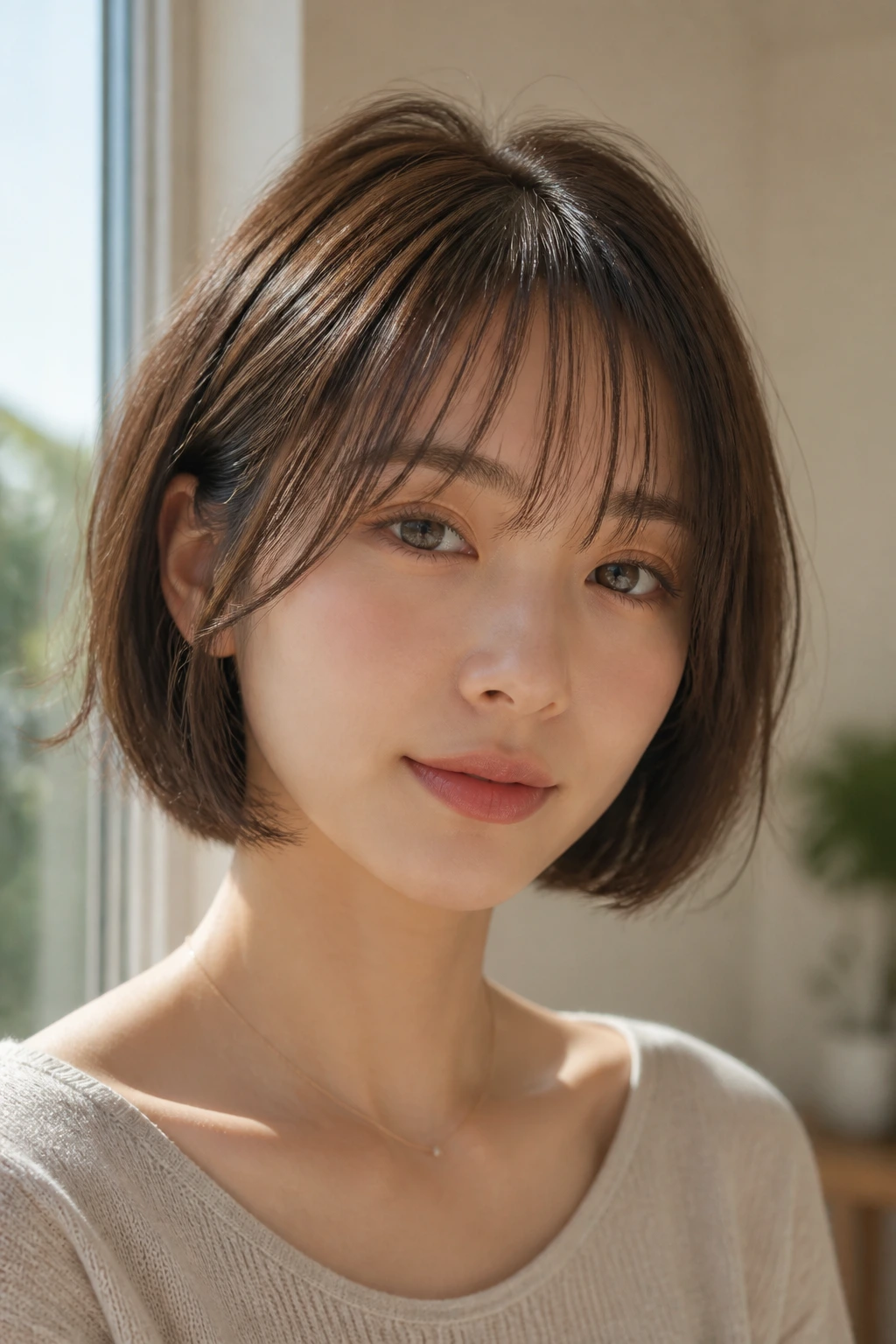 Portrait of a woman with a chin-length bob and see-through bangs in soft light.