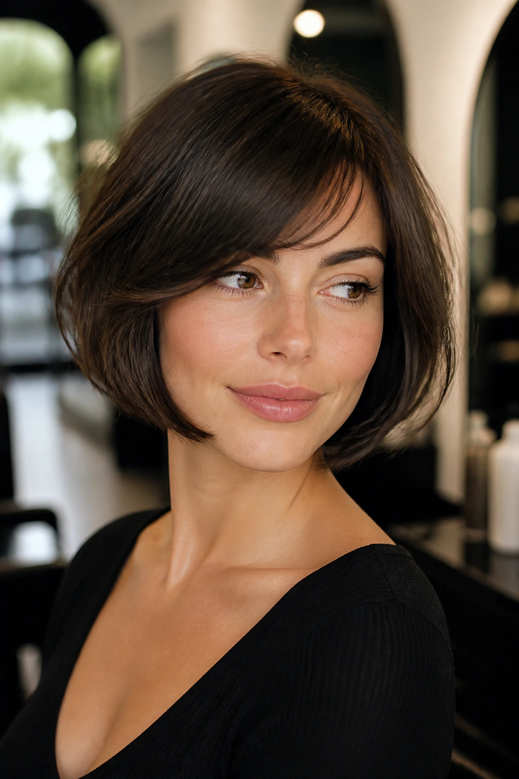 Portrait of woman with chin-length French bob and soft side bangs