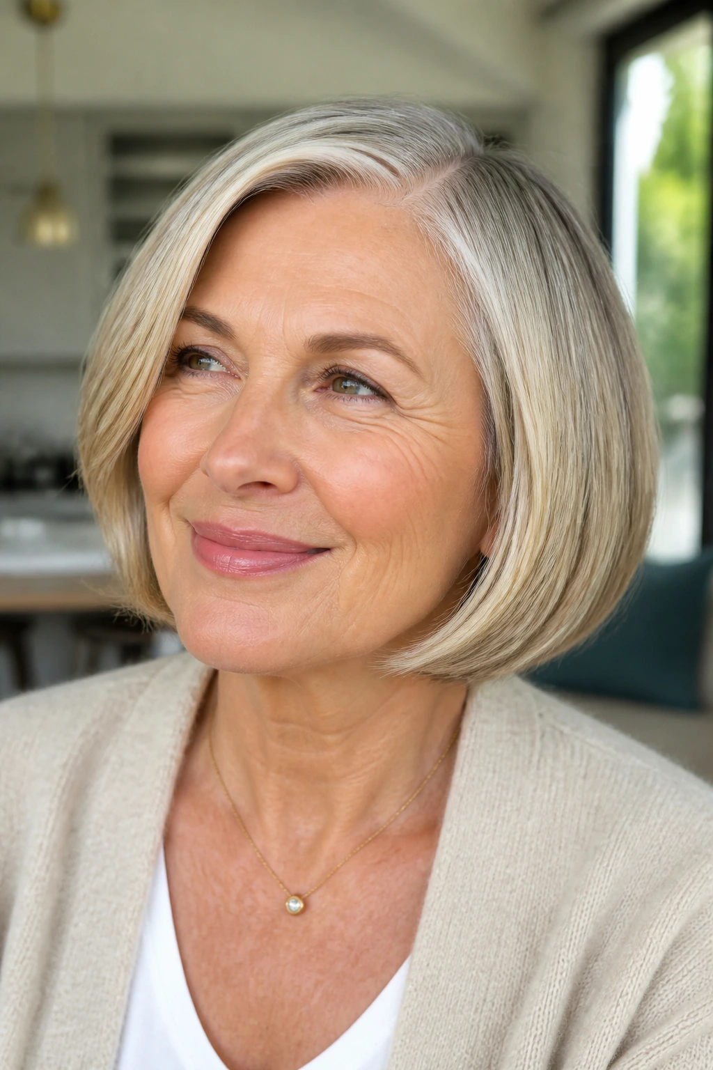 Close-up portrait of a real woman with a chin-length bob and side part in natural light