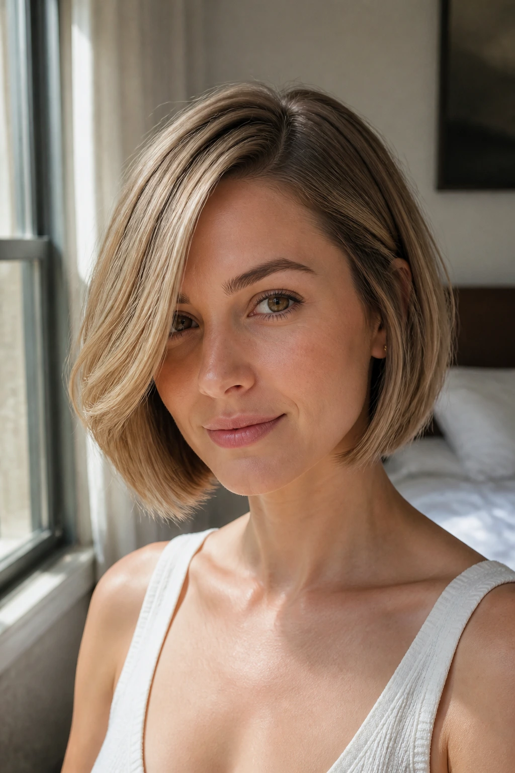 Real woman with soft side-parted chin-length bob close-up
