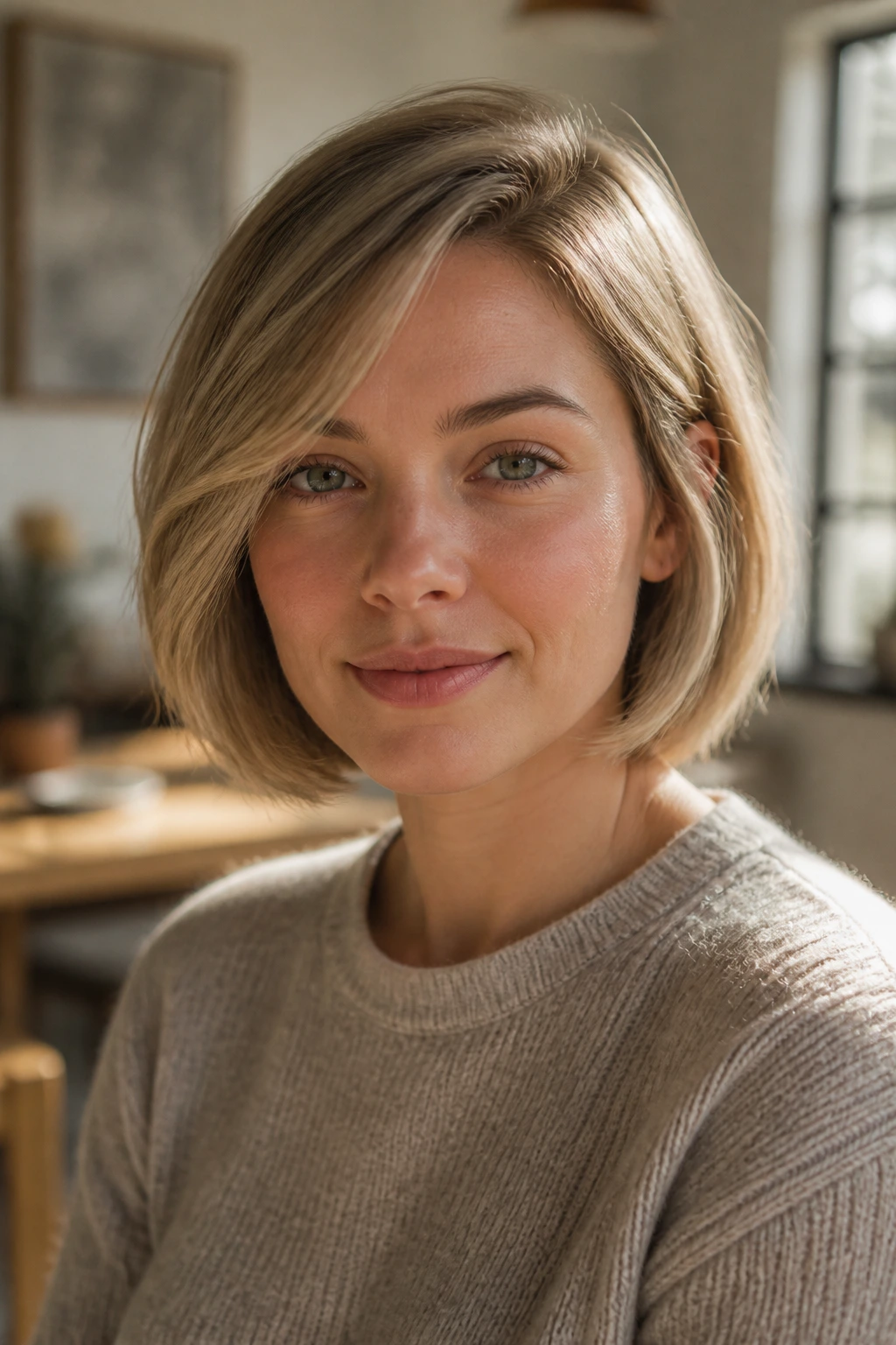 Portrait of a real woman with a soft chin-length bob and side sweep in sunlit home