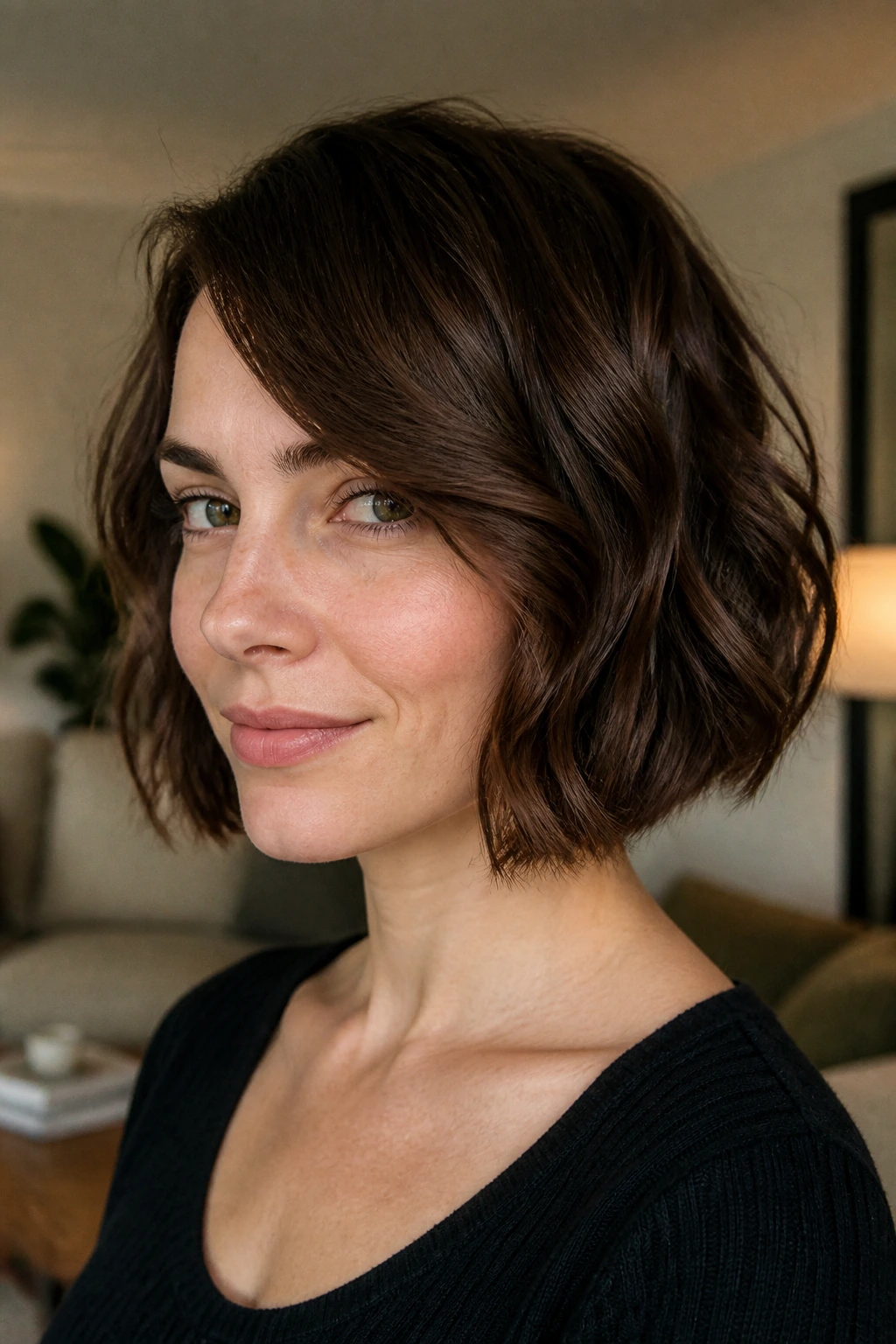 Close-up portrait of a woman with a chin-length French bob and side sweep.