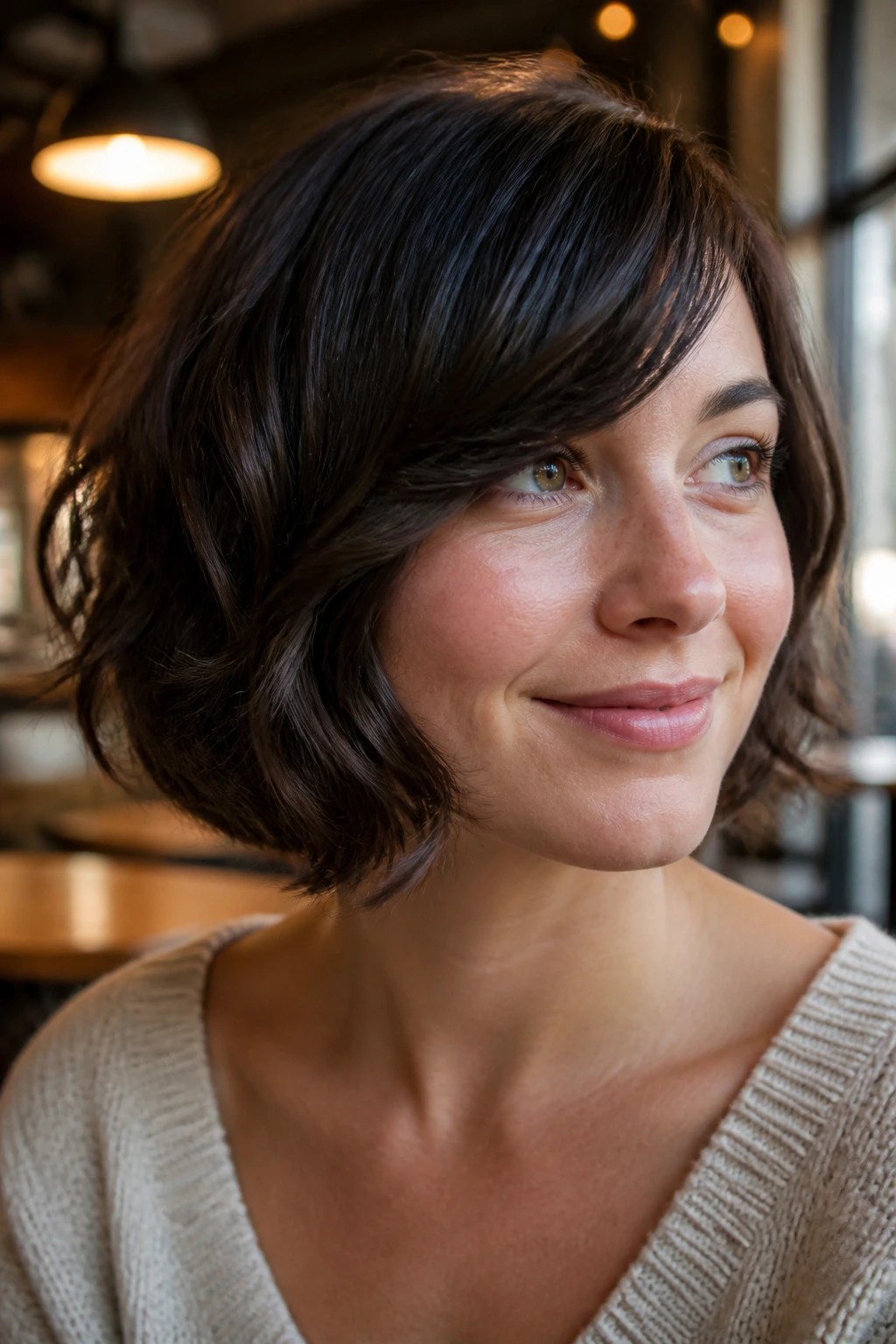 Close-up portrait of a real woman with chin-length bob and side-swept bangs