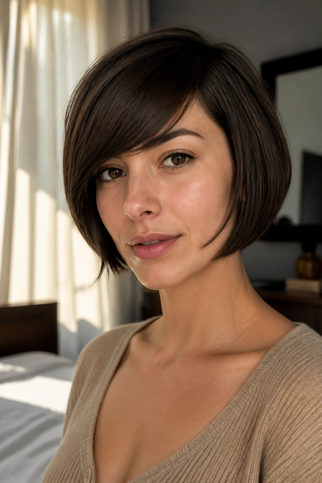 Close-up portrait of a real woman with chin-length bob and side-swept fringe in morning sun