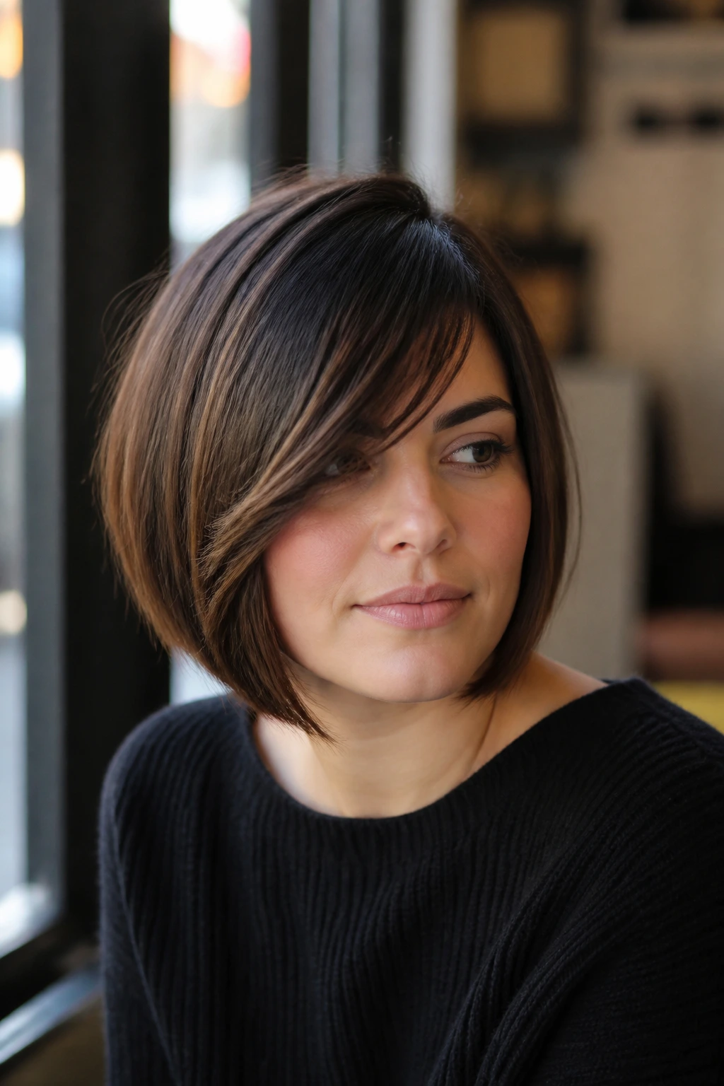 Real woman with chin-length A-line bob and side-swept fringe