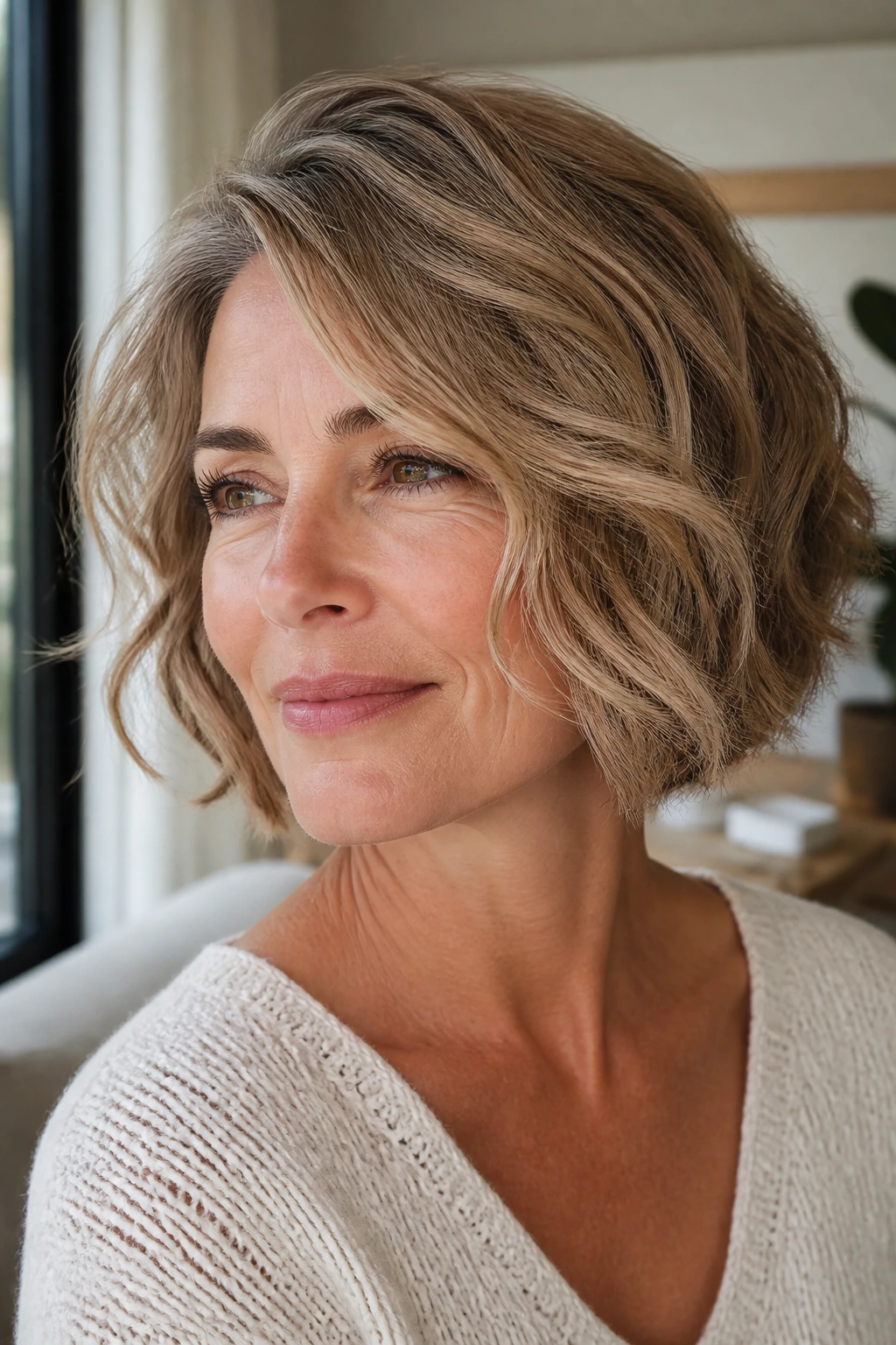 Portrait of a woman with a chin-length bob and side-swept waves