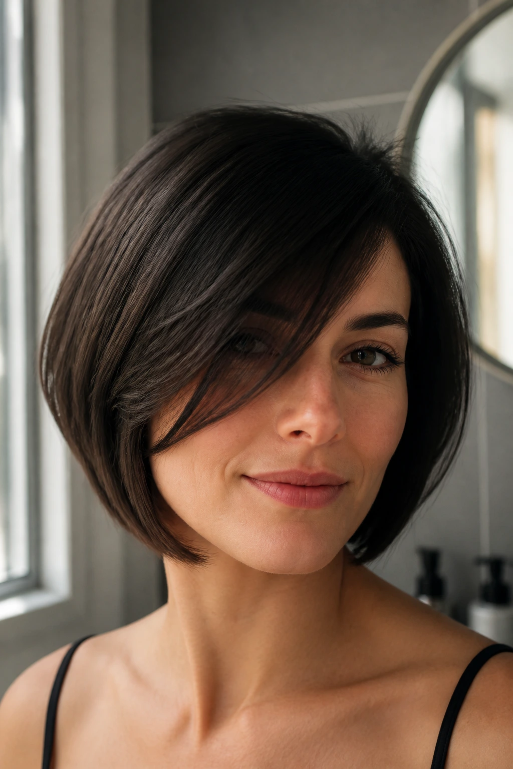 Real woman with chin-length side-swept bob in morning light.