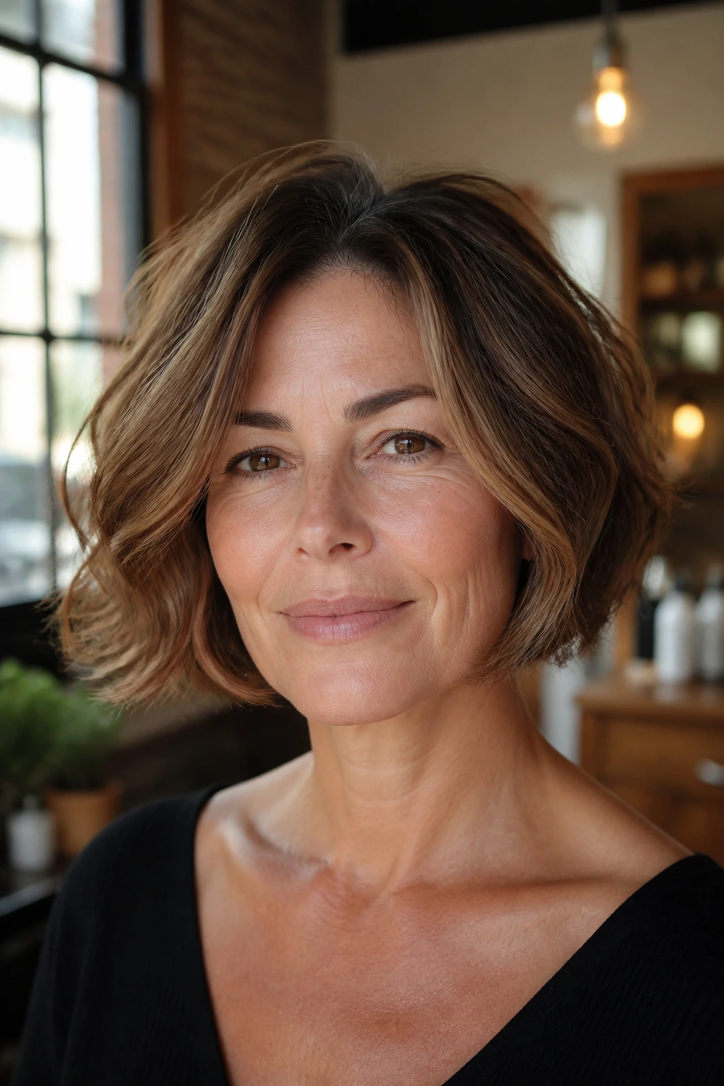 Close-up of real woman with chin-length bob and soft swooping layers