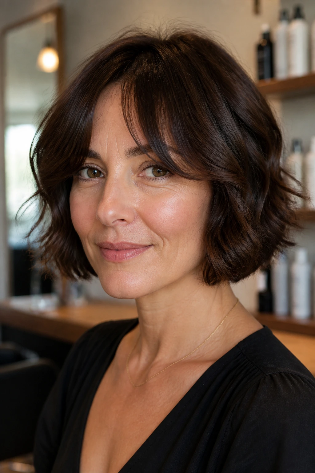 Chin-length French bob with soft waves close-up