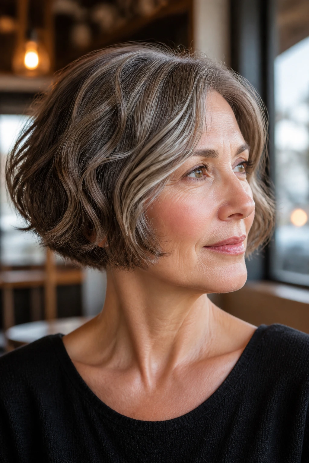 Close-up of chin-length French bob with soft waves and deep lowlights
