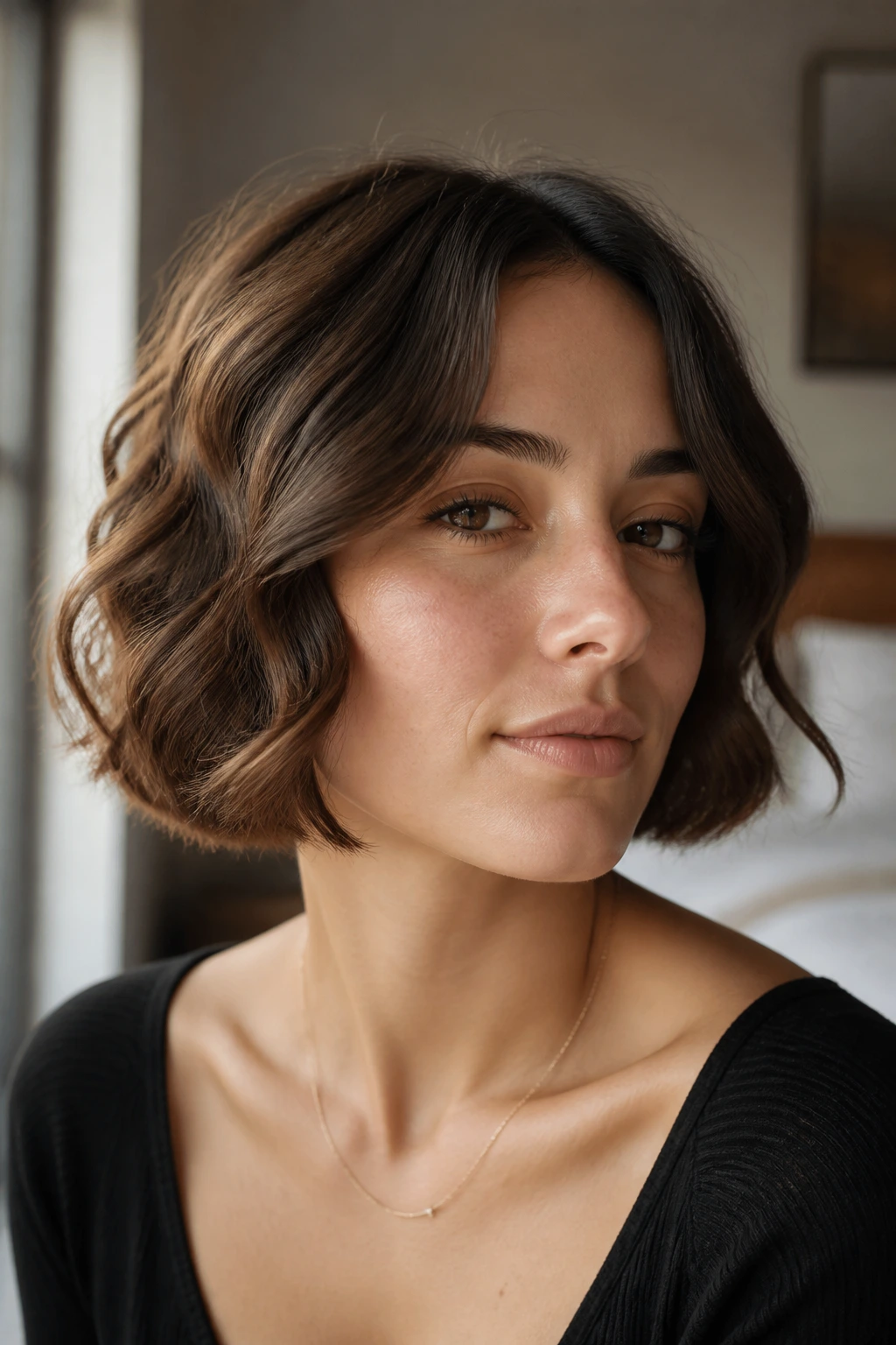 Close-up of a real woman with a chin-length bob and soft S-waves by a window