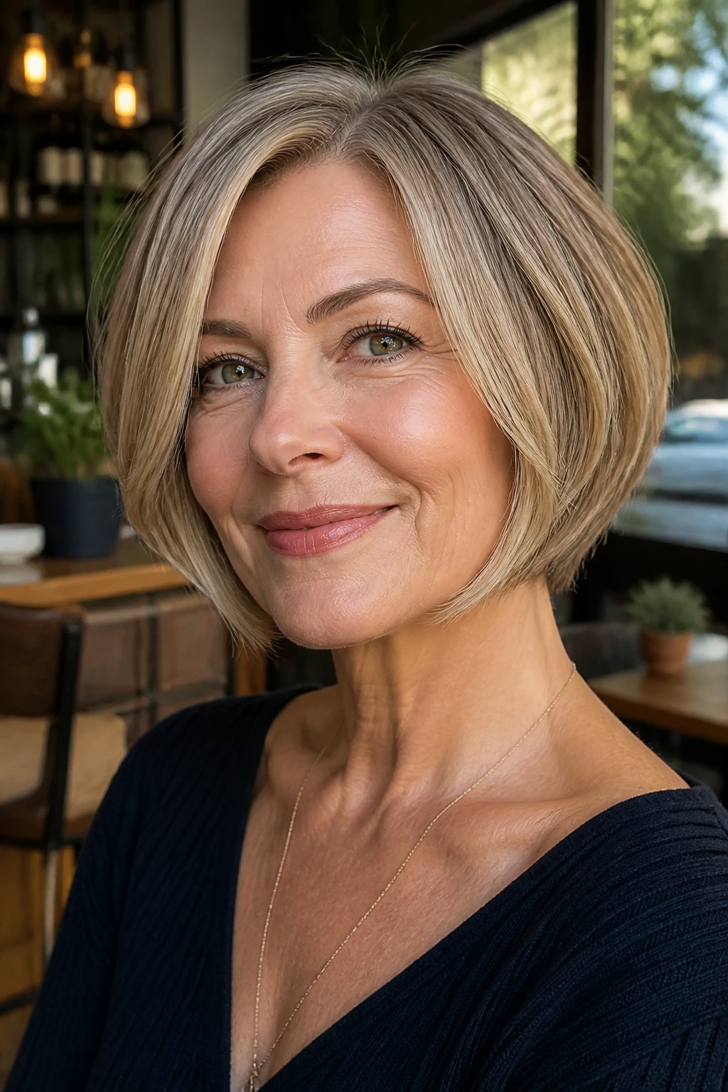 Close-up of a woman with a chin-length bob featuring swooped front pieces framing the jaw