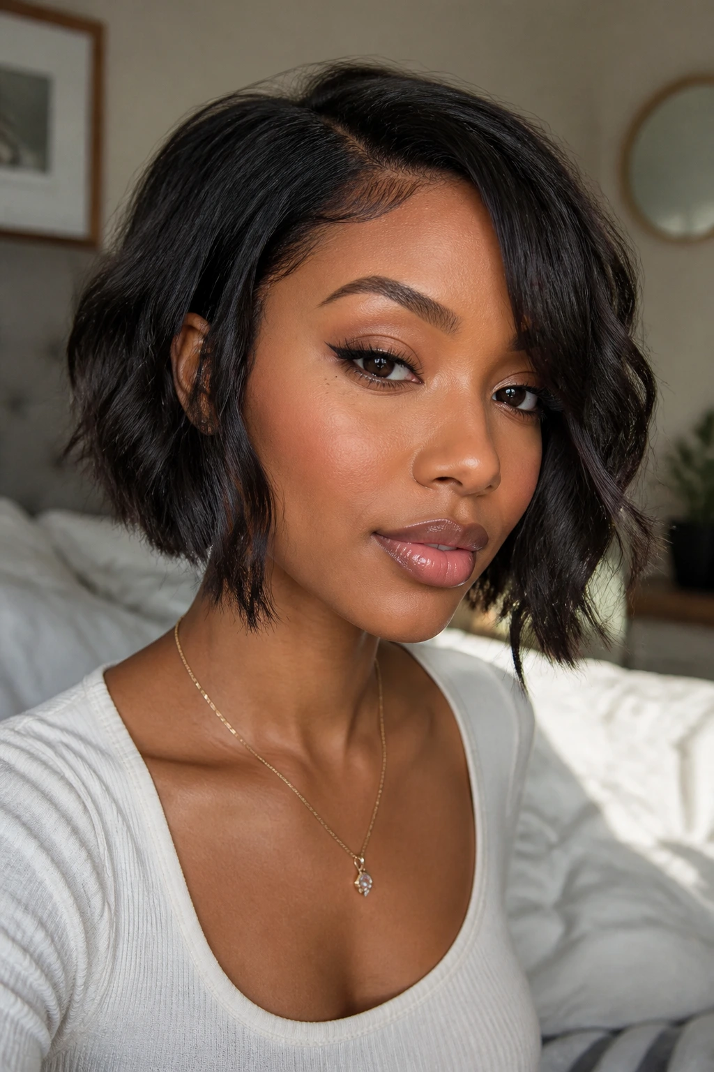 Close-up of a real woman with a chin-length bob and tapered front pieces in soft bedroom light