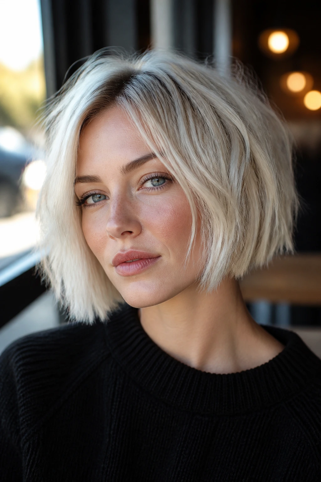 Close up of a real woman with chin length textured bob in frosty ash tones under natural cafe lighting