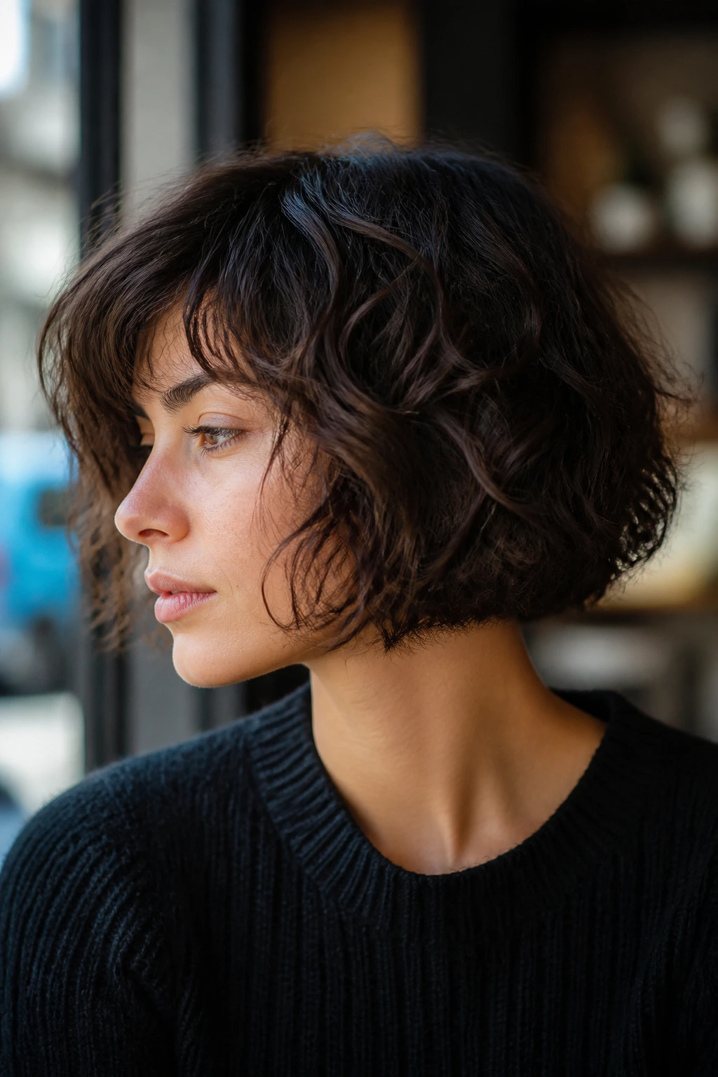 Real person with textured chin-length French bob in soft daylight.
