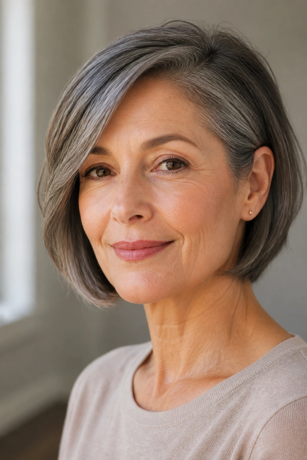 Close-up of a real woman with a soft chin-length bob tucked behind one ear.