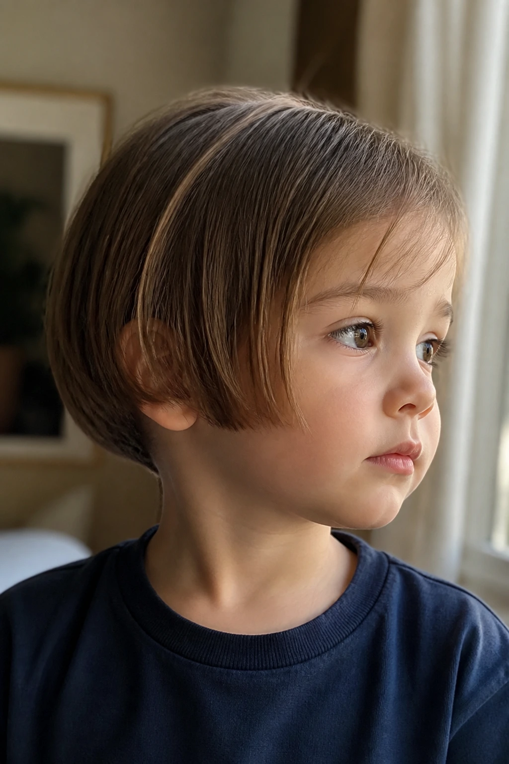 Toddler boy with soft chin-length bob and low nape tidy in natural light.