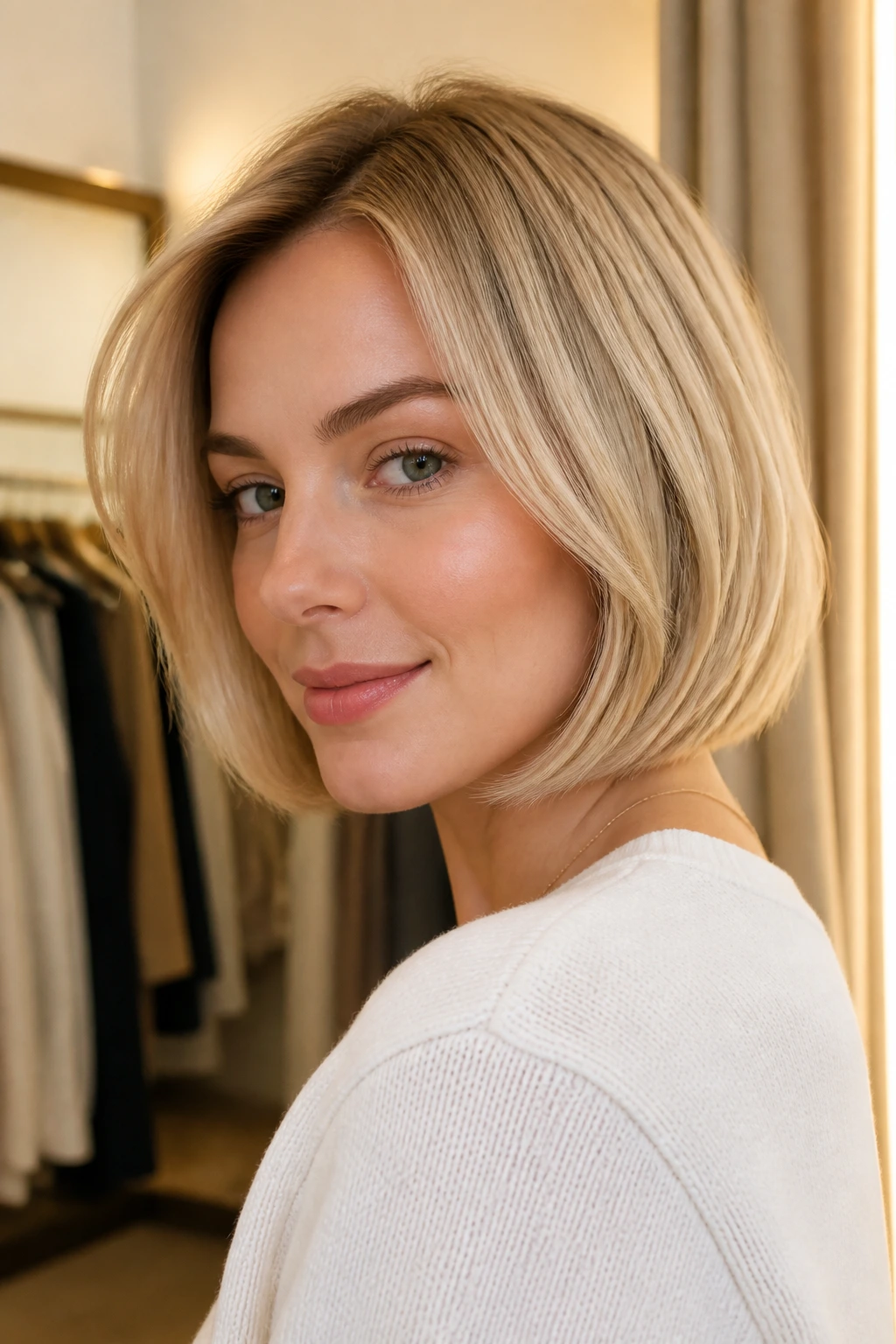 Close-up of a real woman with a chin-length bob and tucked ends on blonde hair