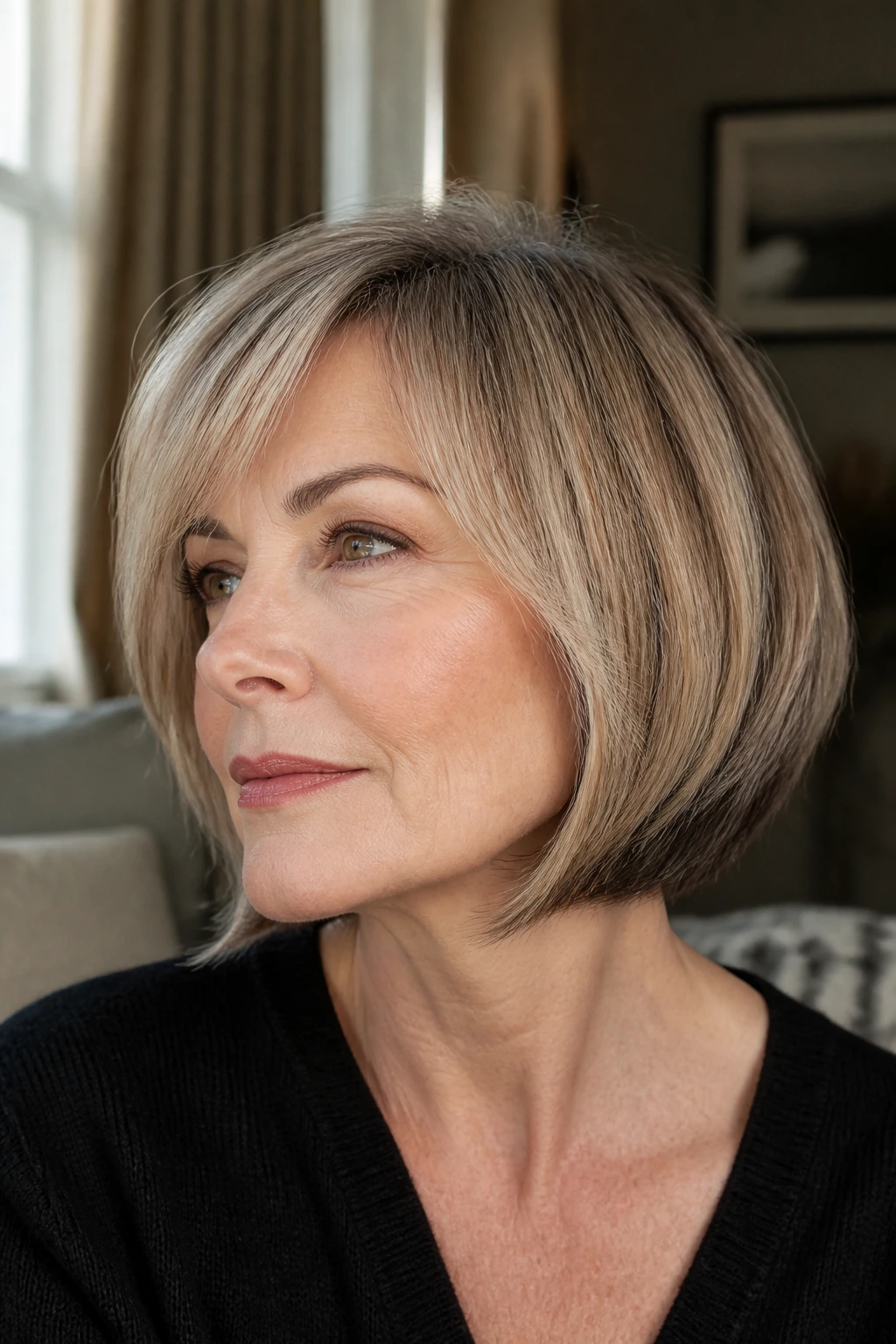 Close-up portrait of a real woman with a chin-length underlayer bob showing lift and edge