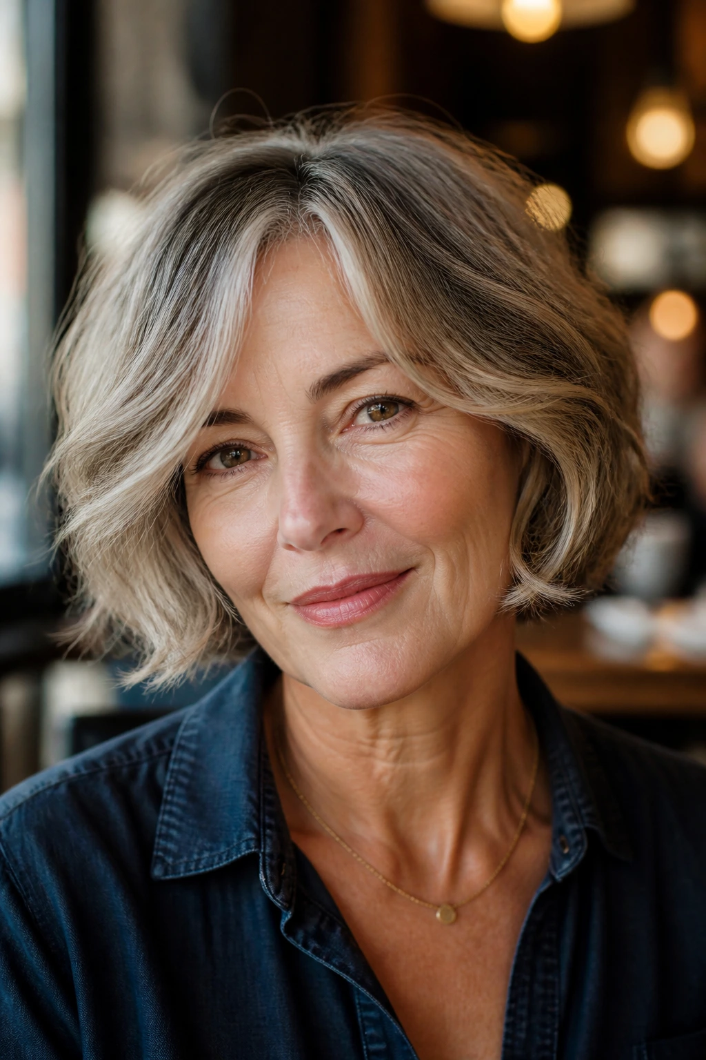 Close-up of a woman with chin-length French bob and soft waves