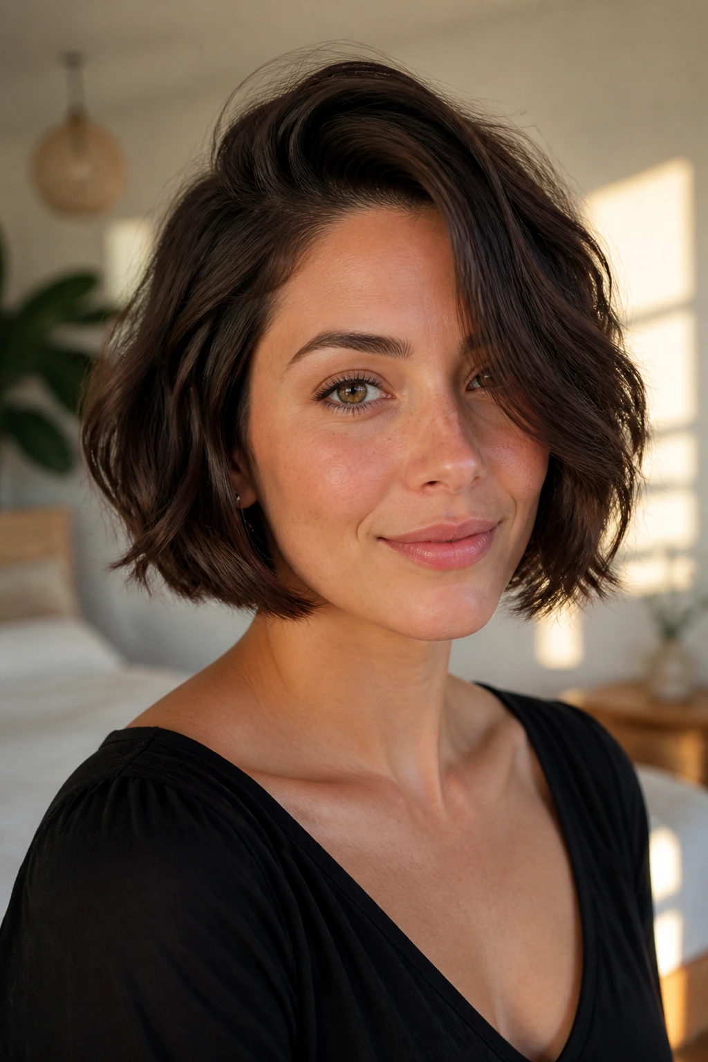 Close-up of a real woman with a soft chin-length bob and deep side part