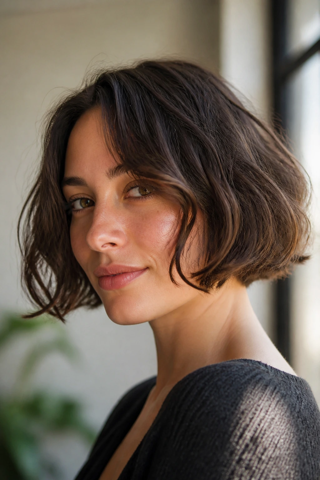 Portrait of a real woman with chin-length French bob framing the face in soft window light