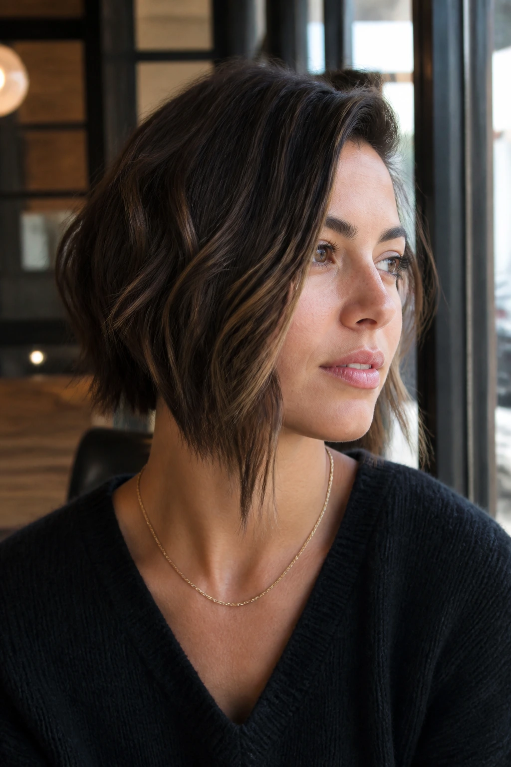 Close-up portrait of a real woman with a chin-length bob and longer front piece, wavy hair by a cafe window