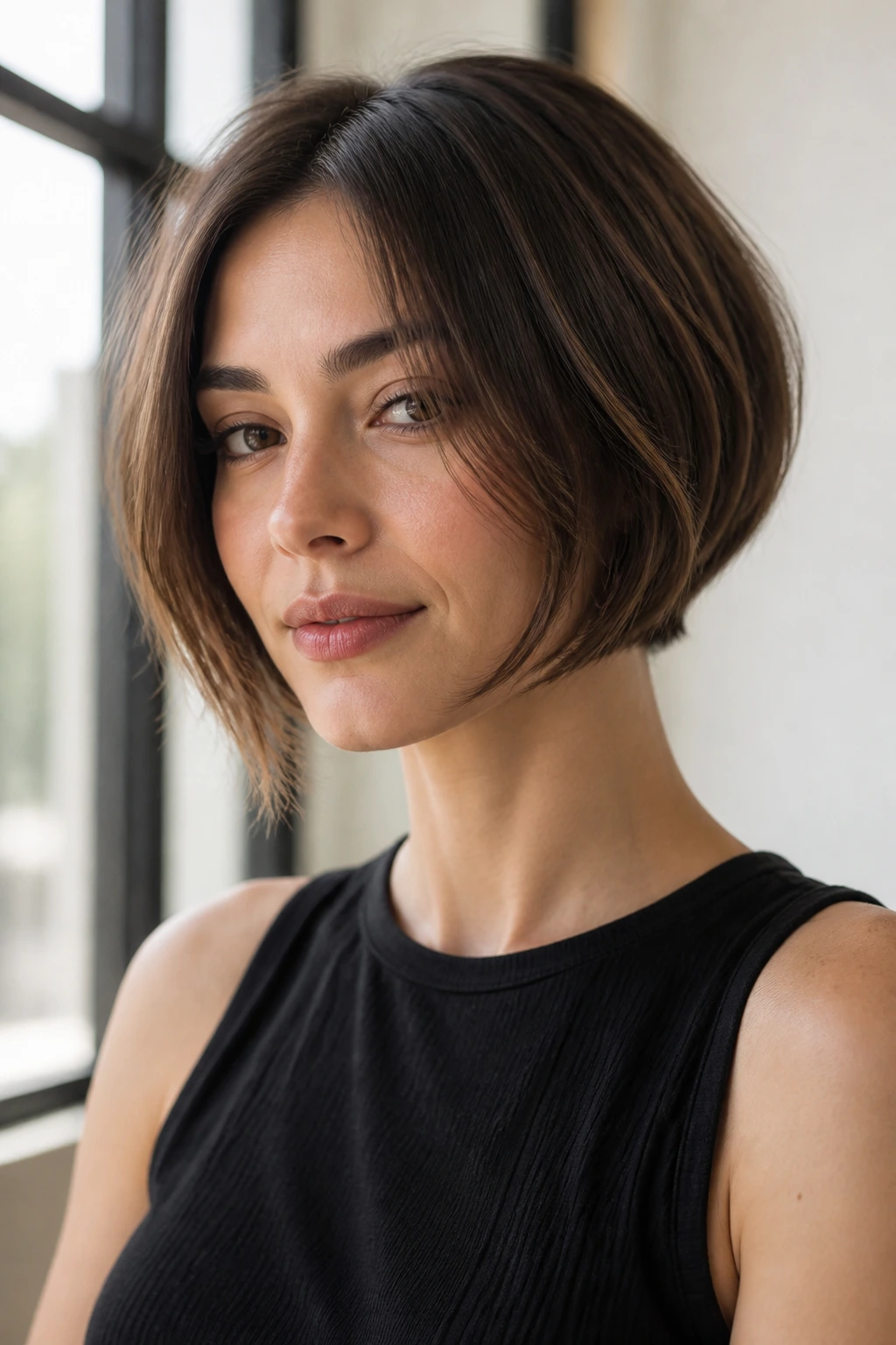 Real woman with chin-length bowl and face-framing pieces
