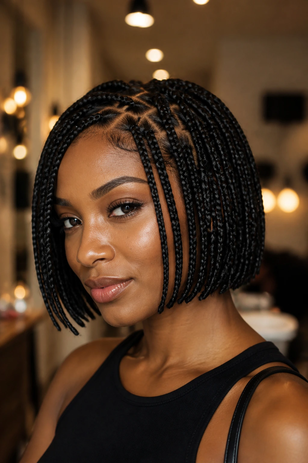 Close-up of a real woman with a chin-length braided bob