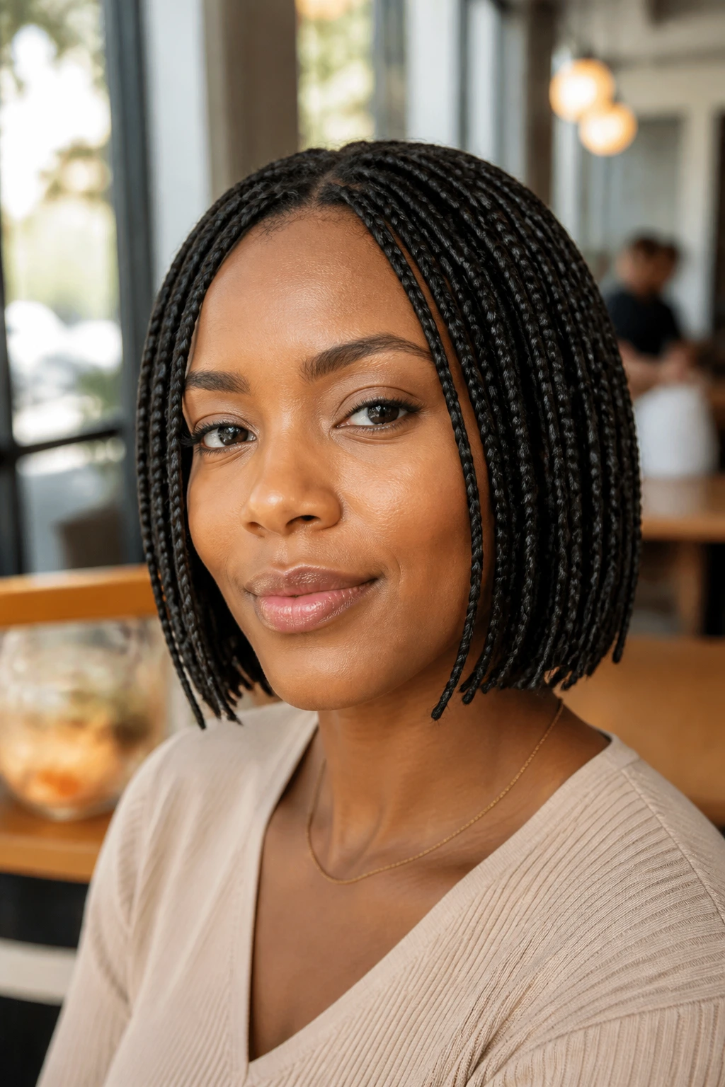 Close-up of chin-length braided bob on a real woman in a cafe
