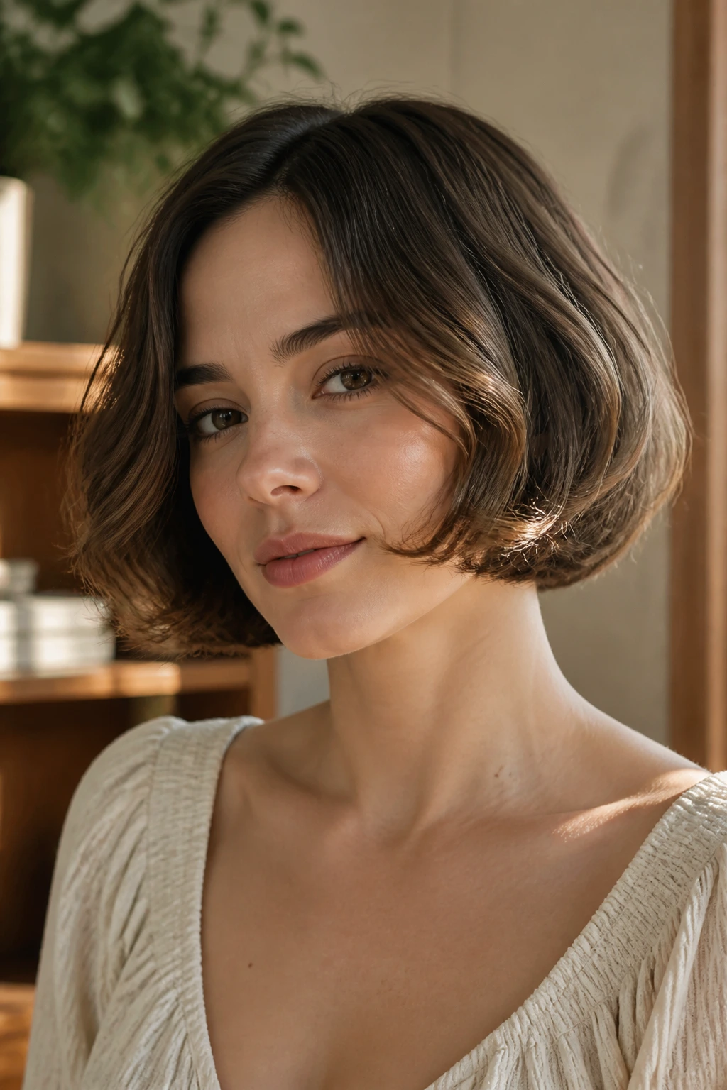 Real woman with chin-length C-Curl bob in warm sunlit room