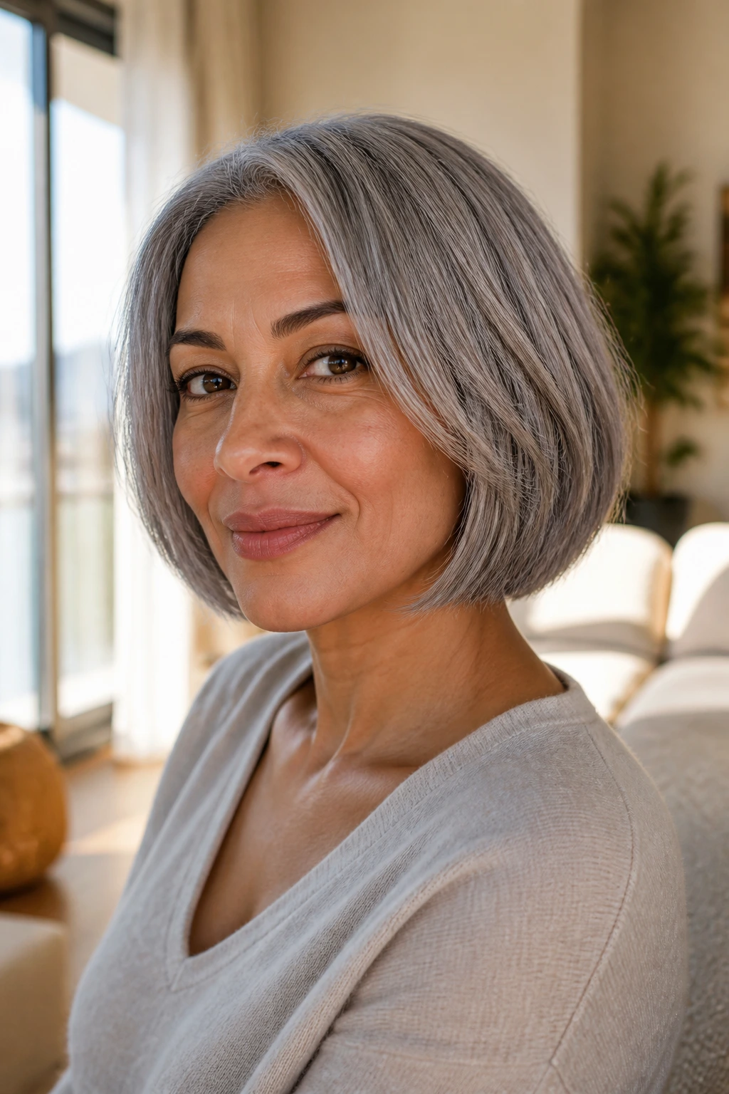Close-up of a real woman with a chin-length cut and micro layers on gray hair.