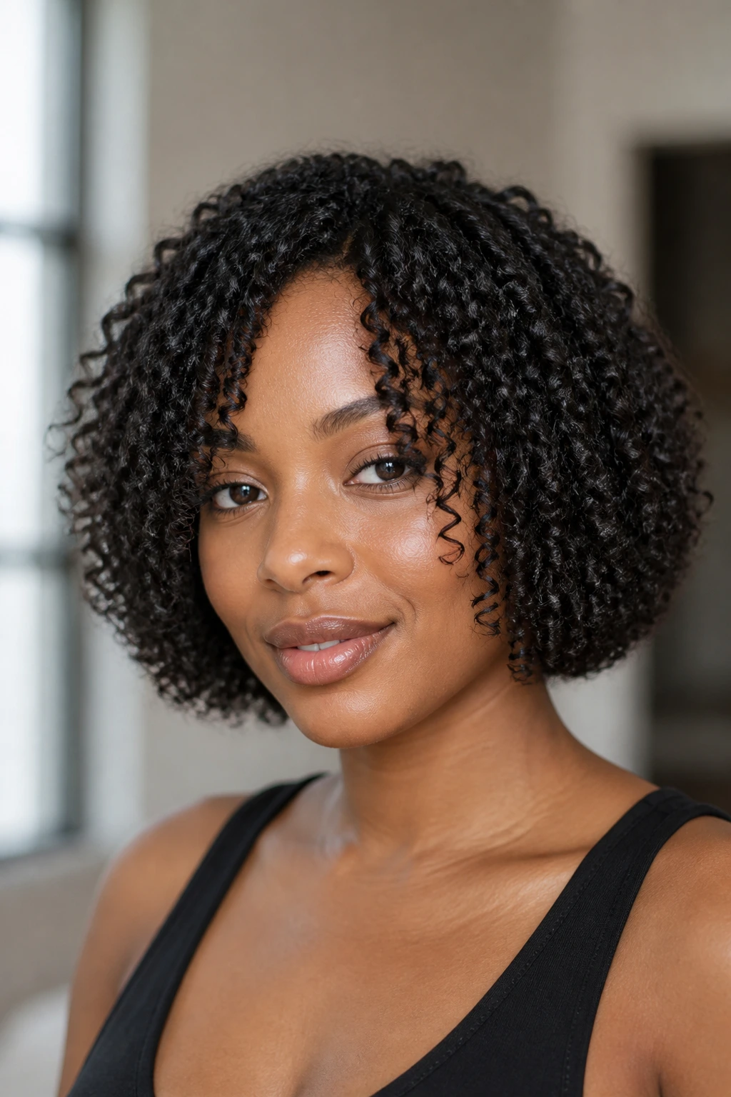 Close-up of a real woman with a chin-length coil bob and soft internal layers.