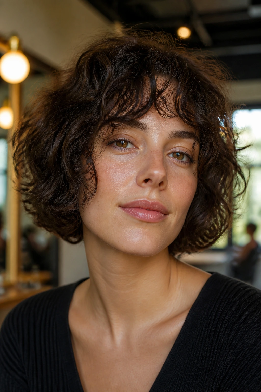 Close-up portrait of a woman with chin-length crop and free-form fringe in salon lighting