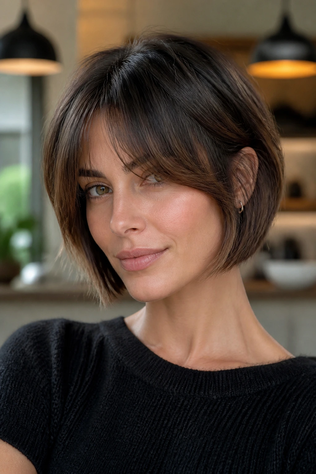 Close-up of a real woman with a chin-length crop, tapered sides, and curtain fringe.