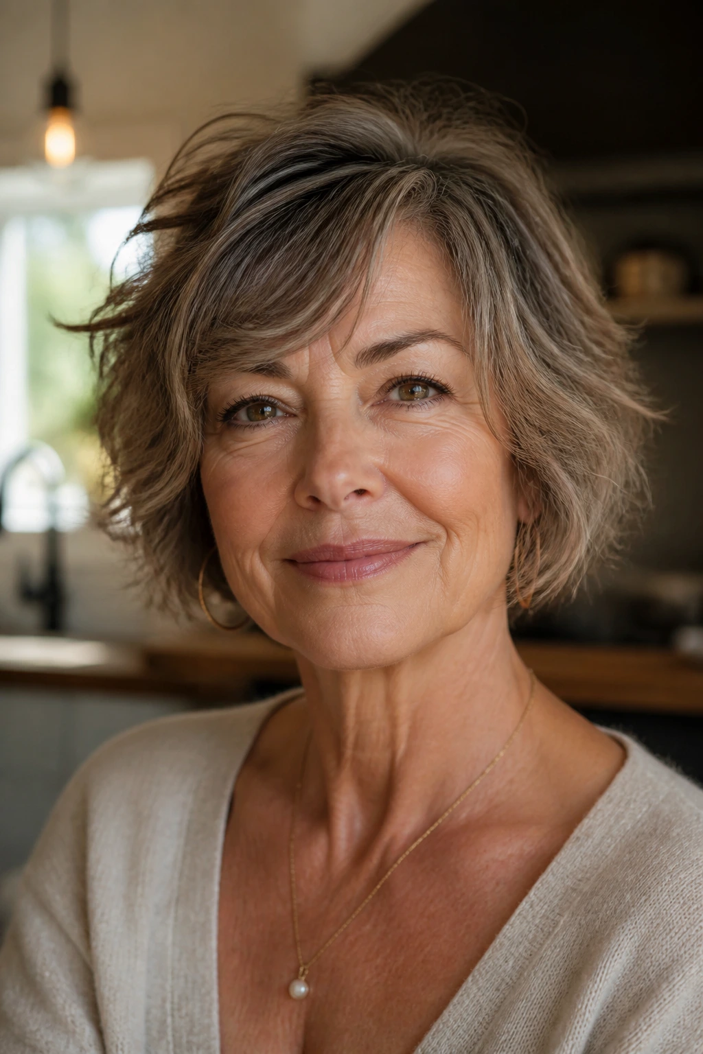 Portrait of a woman with a tousled chin-length crop that frames the cheekbones.