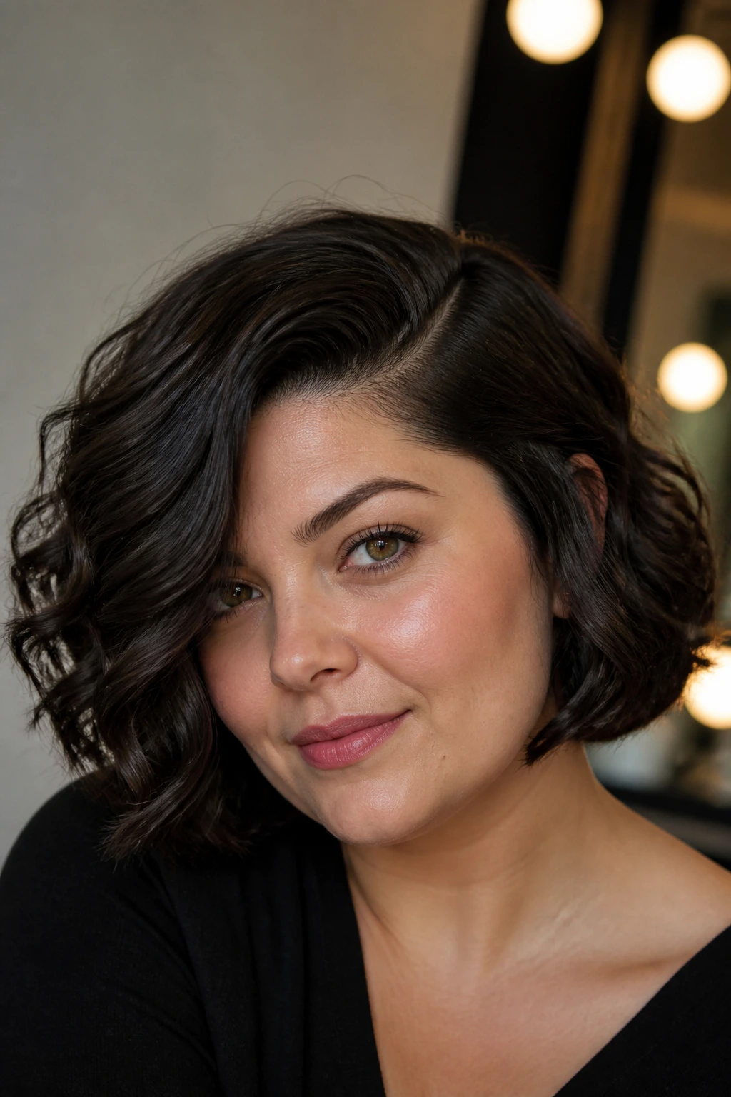 Portrait of a woman with chin-length curled bob and deep side part