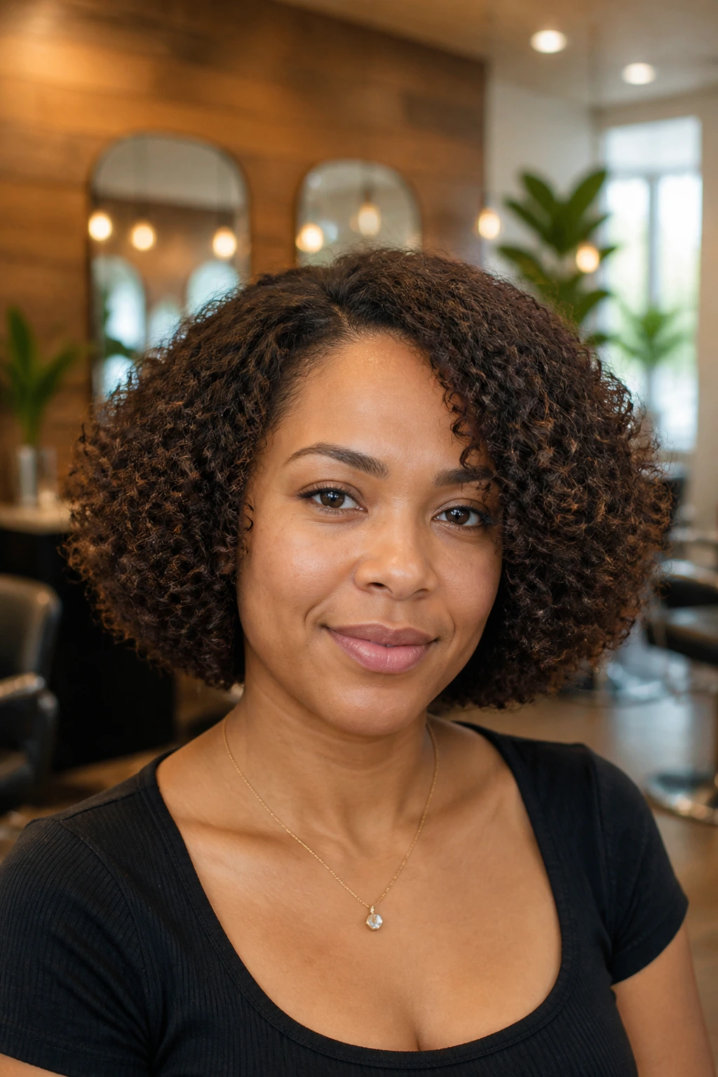 Real woman with rounded chin-length curly bob in a modern salon