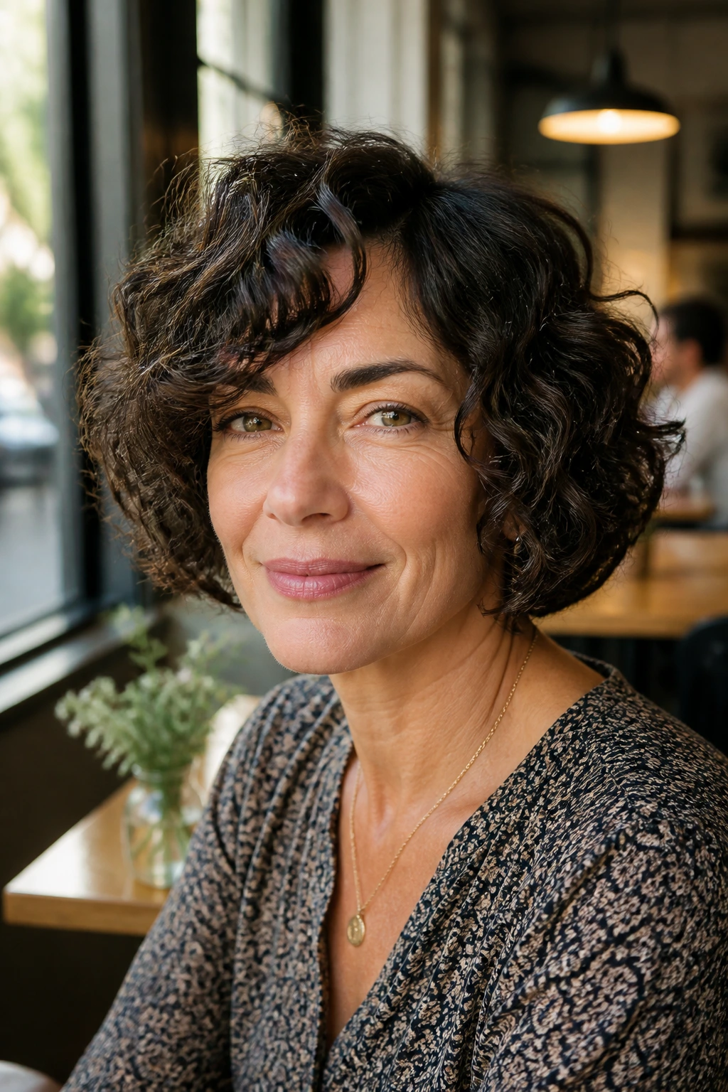 Real woman with chin-length curly bob, jawline framing