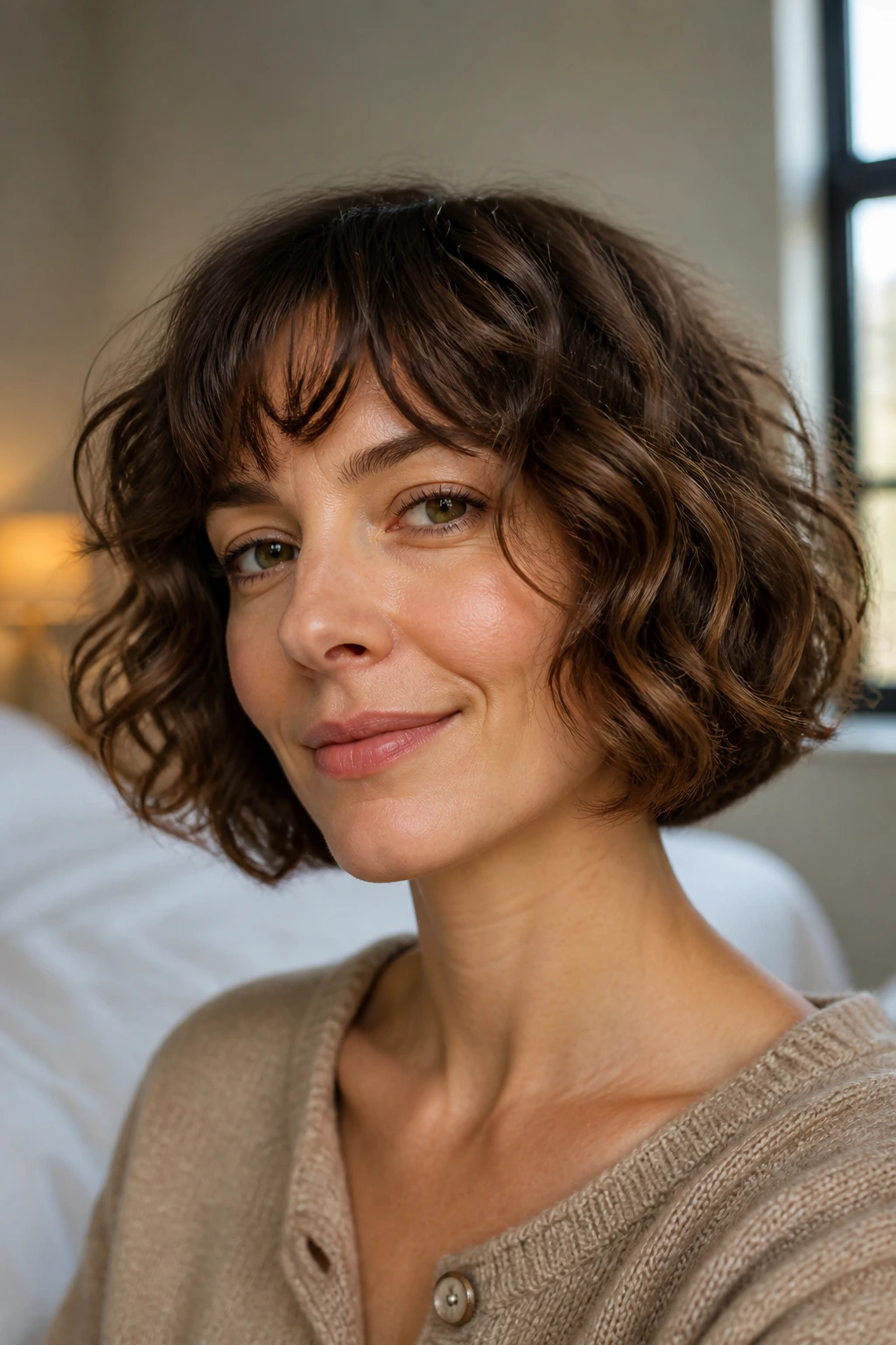 Close-up portrait of a real woman with chin-length curls framing the jawline.