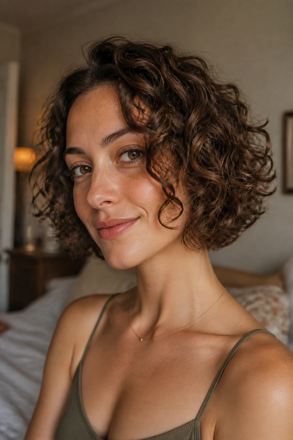Close-up of a real woman with chin-length curly hair and layered ends.