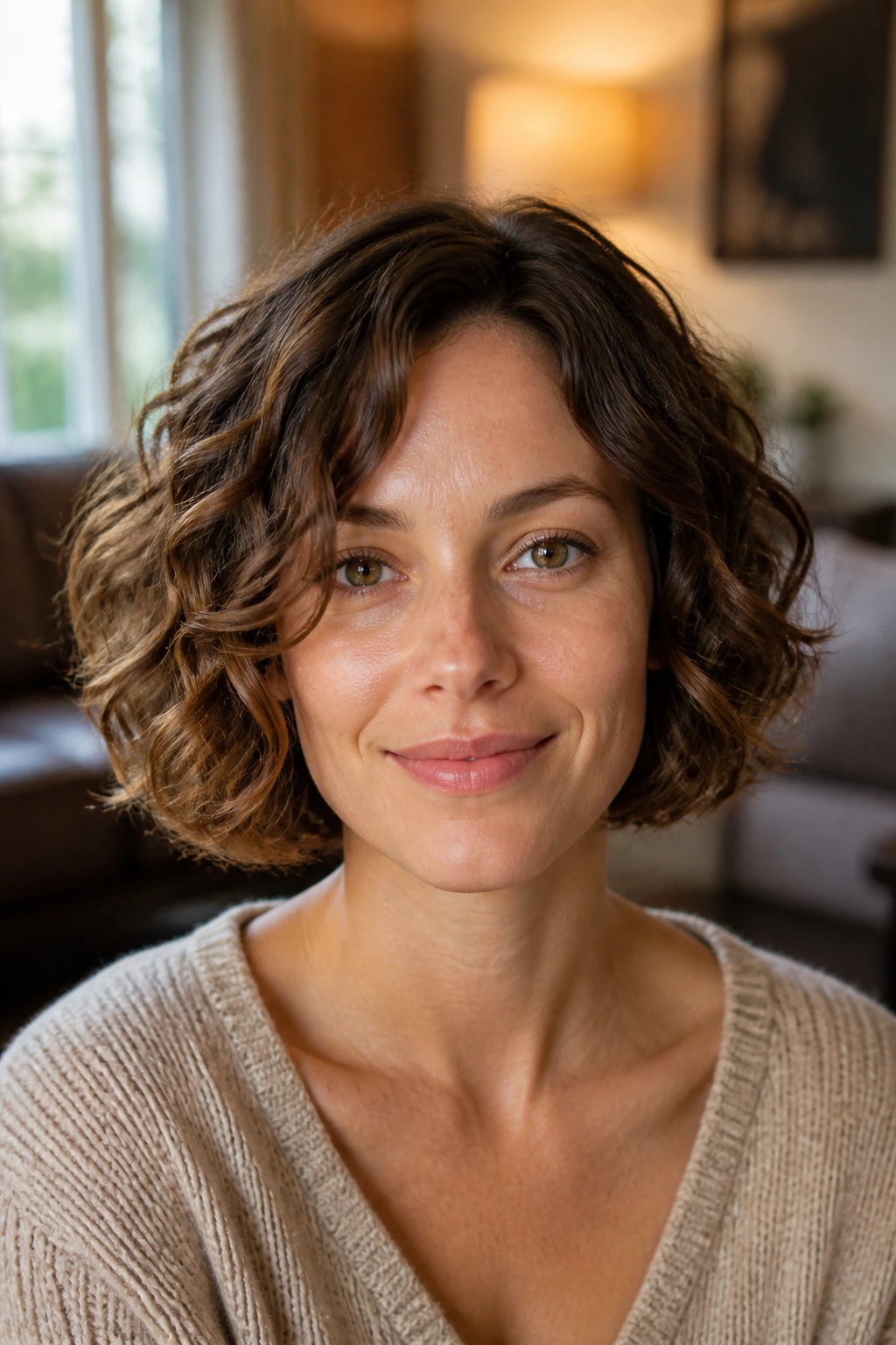 Close-up of a real woman with chin-length hair and loose curls illustrating fullness