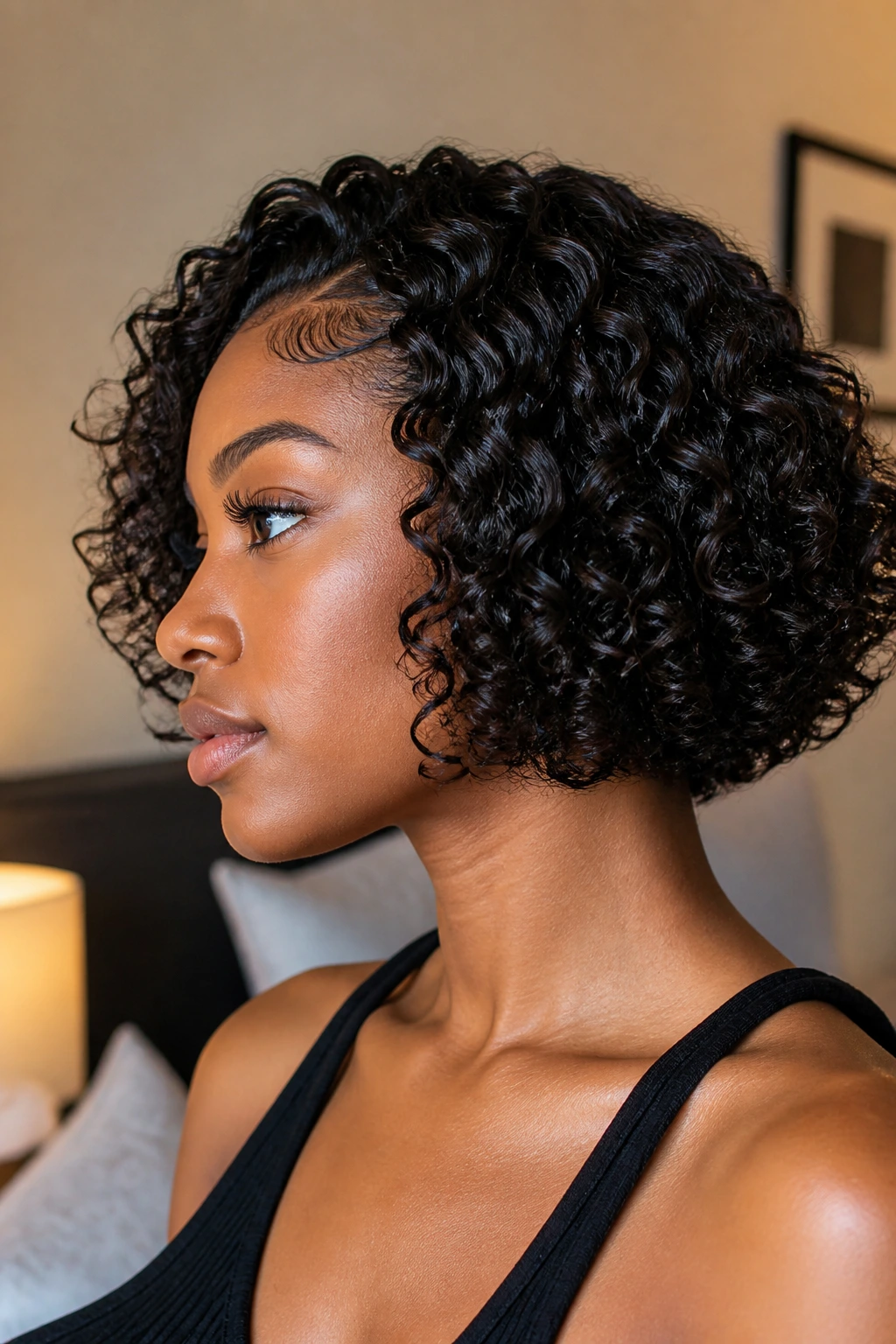 Close-up of real woman with chin-length curly bob