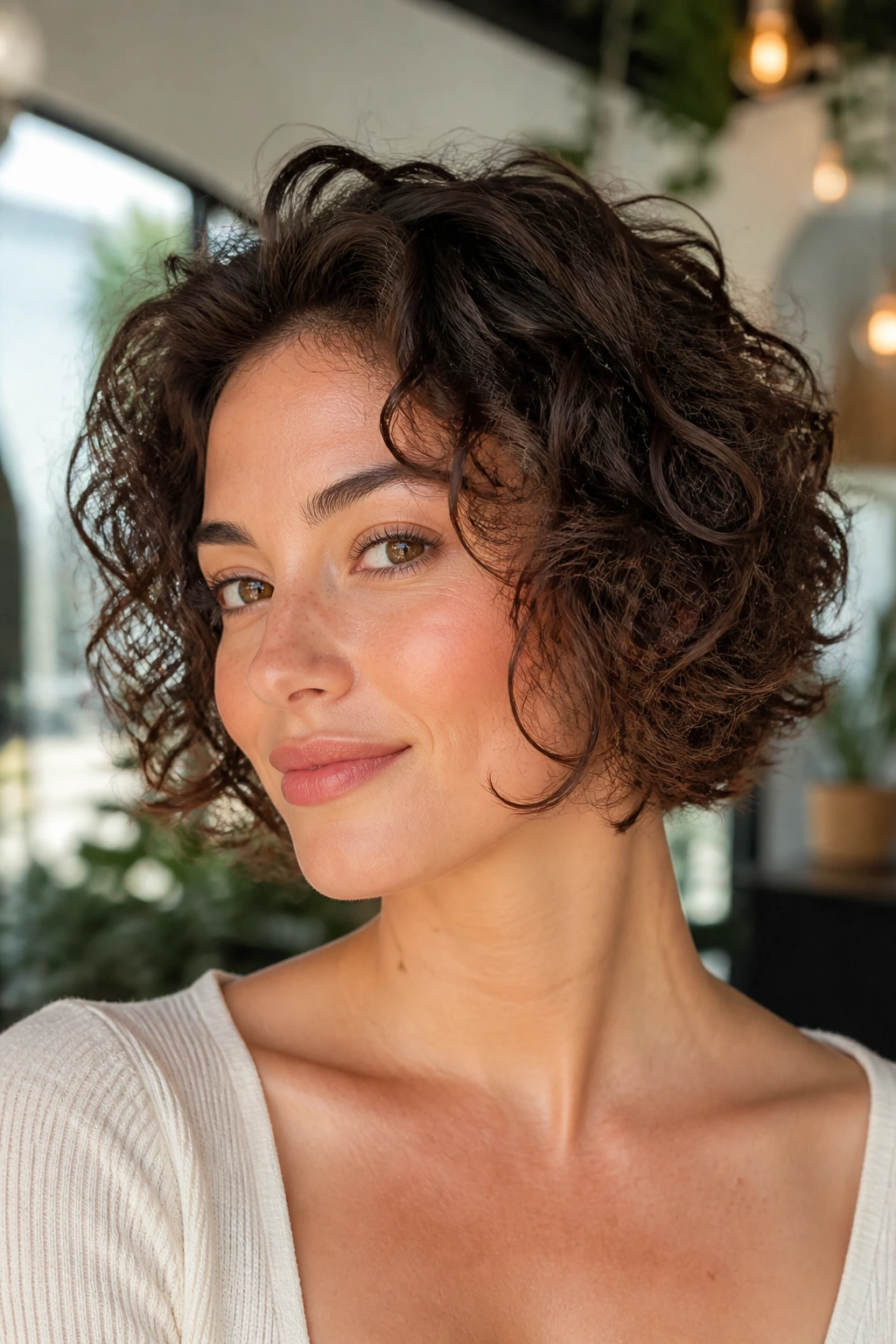 Close-up of chin-length curly bob with airy ends framing the jaw
