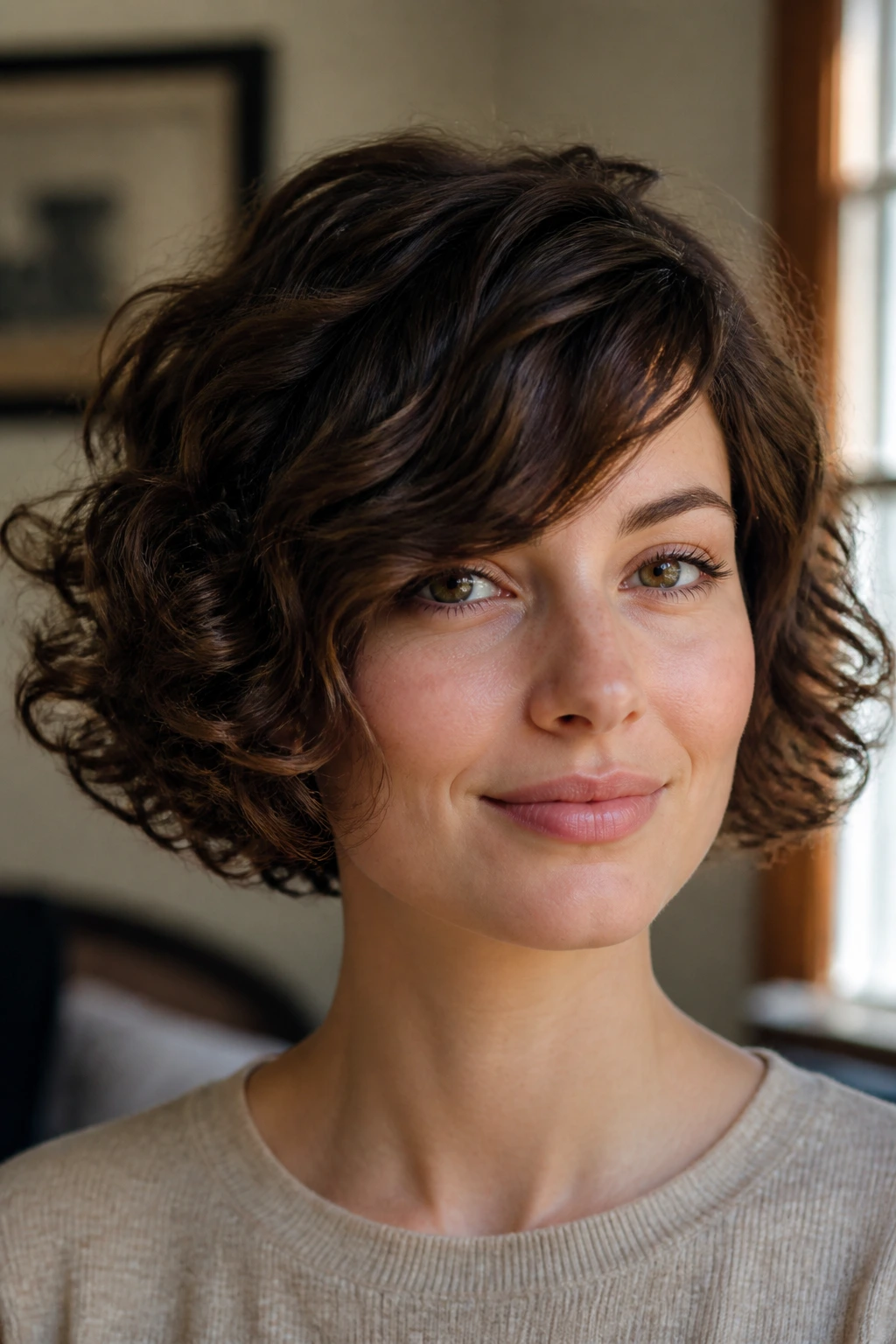 Close-up portrait of a real person with a chin-length curly bob and long side-swept bangs