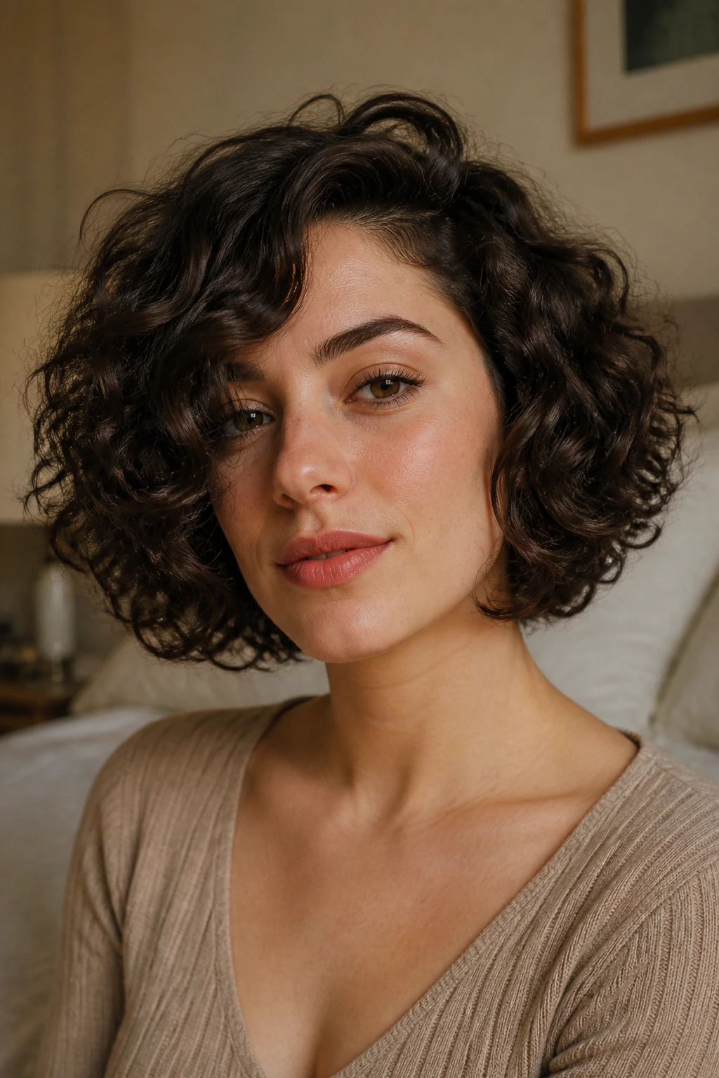 Close-up of a real woman with chin-length curly bob and side part.