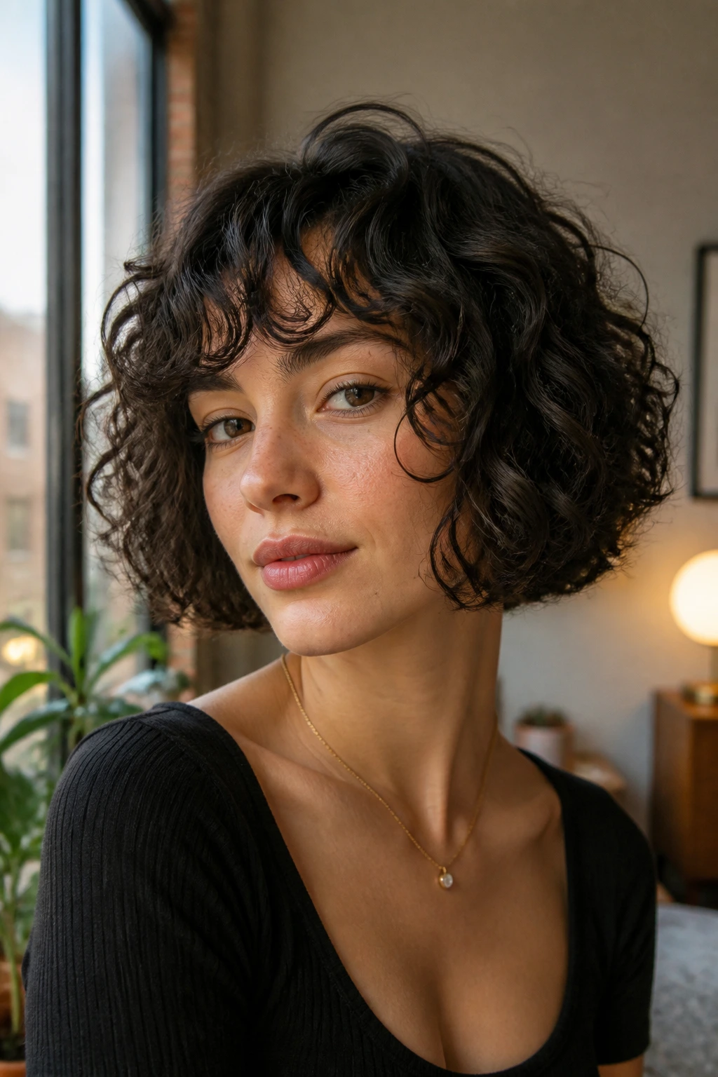 Close-up of a real person with a chin-length curly bob.